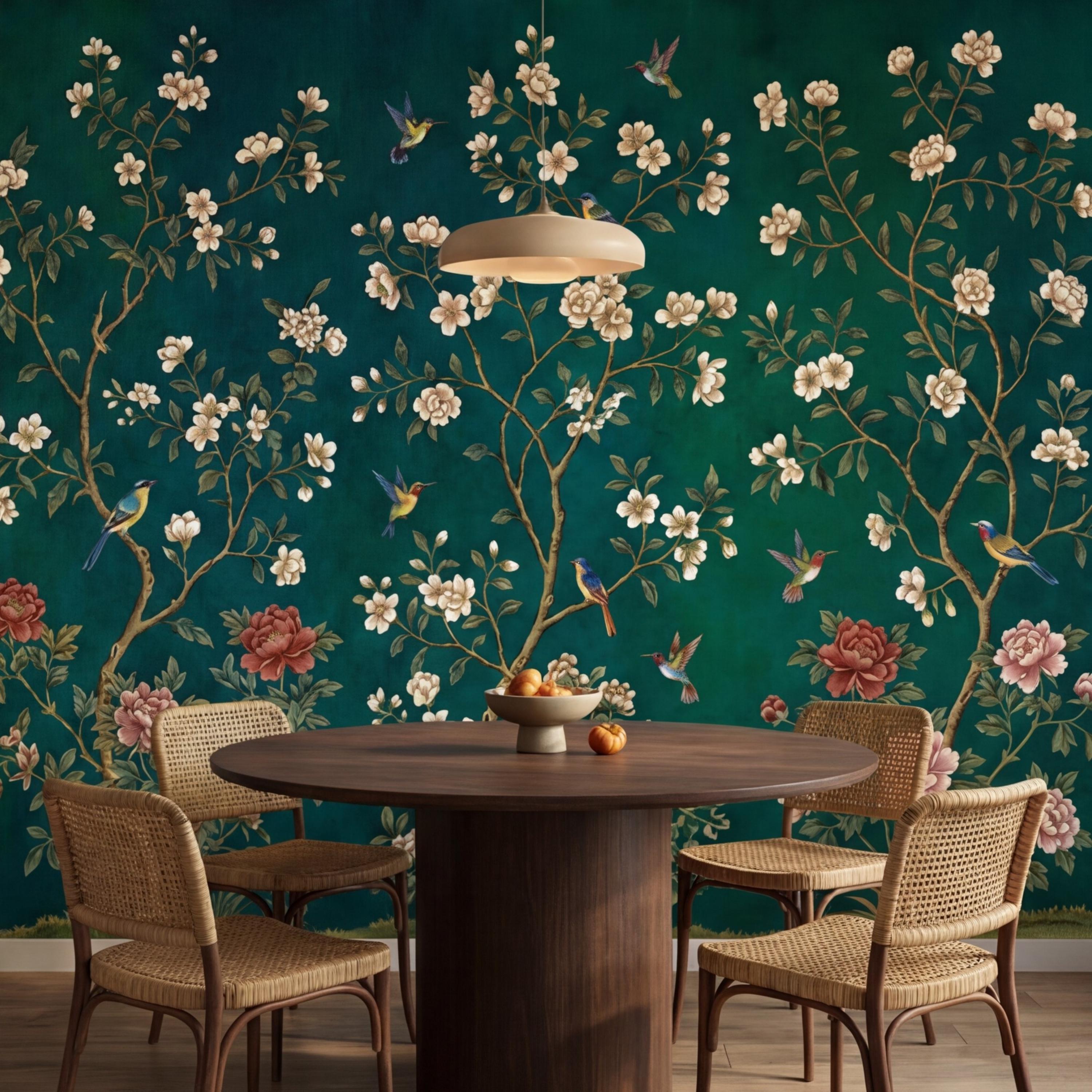 Emerald Chinoiserie Bird Blossom Peel and Stick Wall Mural, Asian Floral Wallpaper, Hummingbird Wall Art
