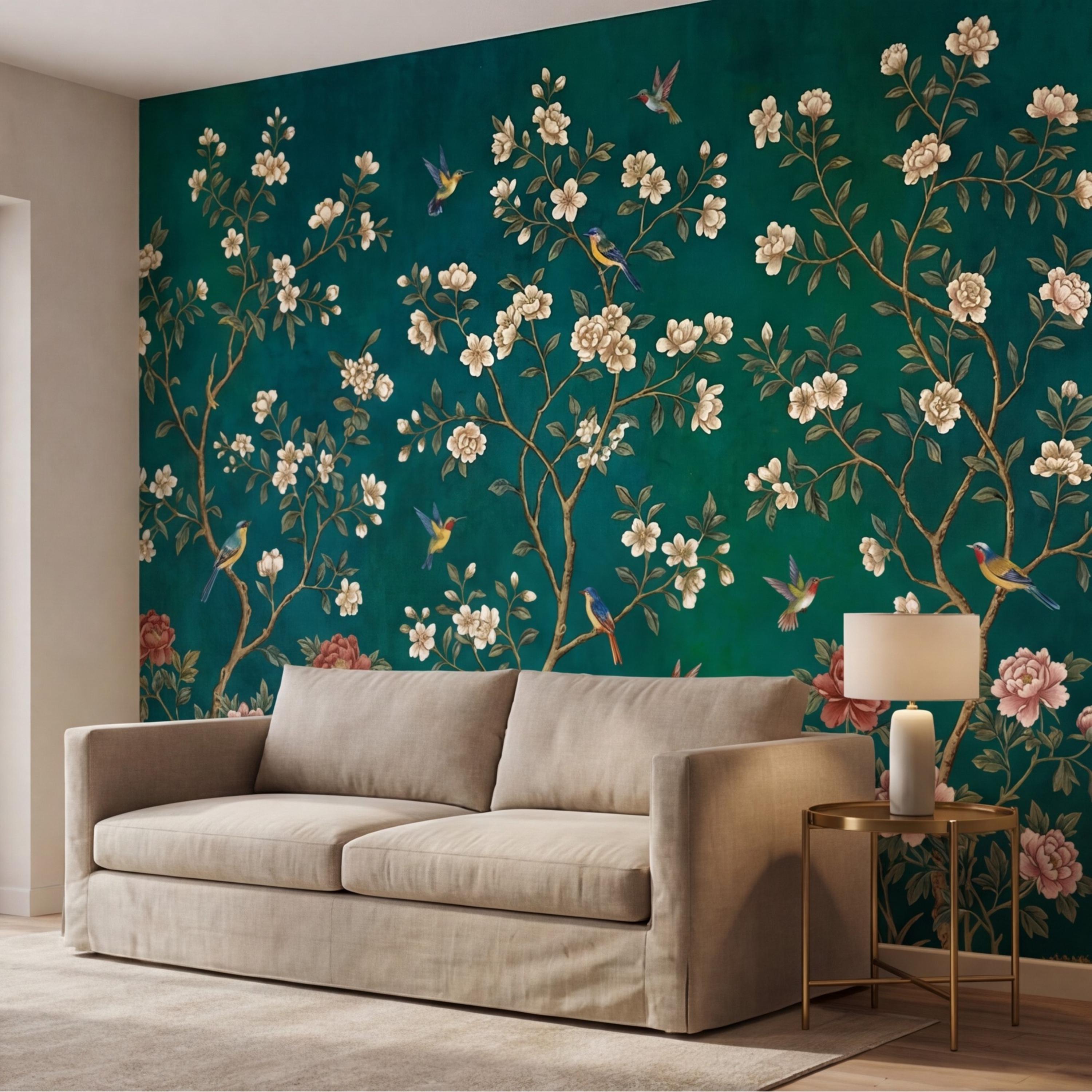 Emerald Chinoiserie Bird Blossom Peel and Stick Wall Mural, Asian Floral Wallpaper, Hummingbird Wall Art
