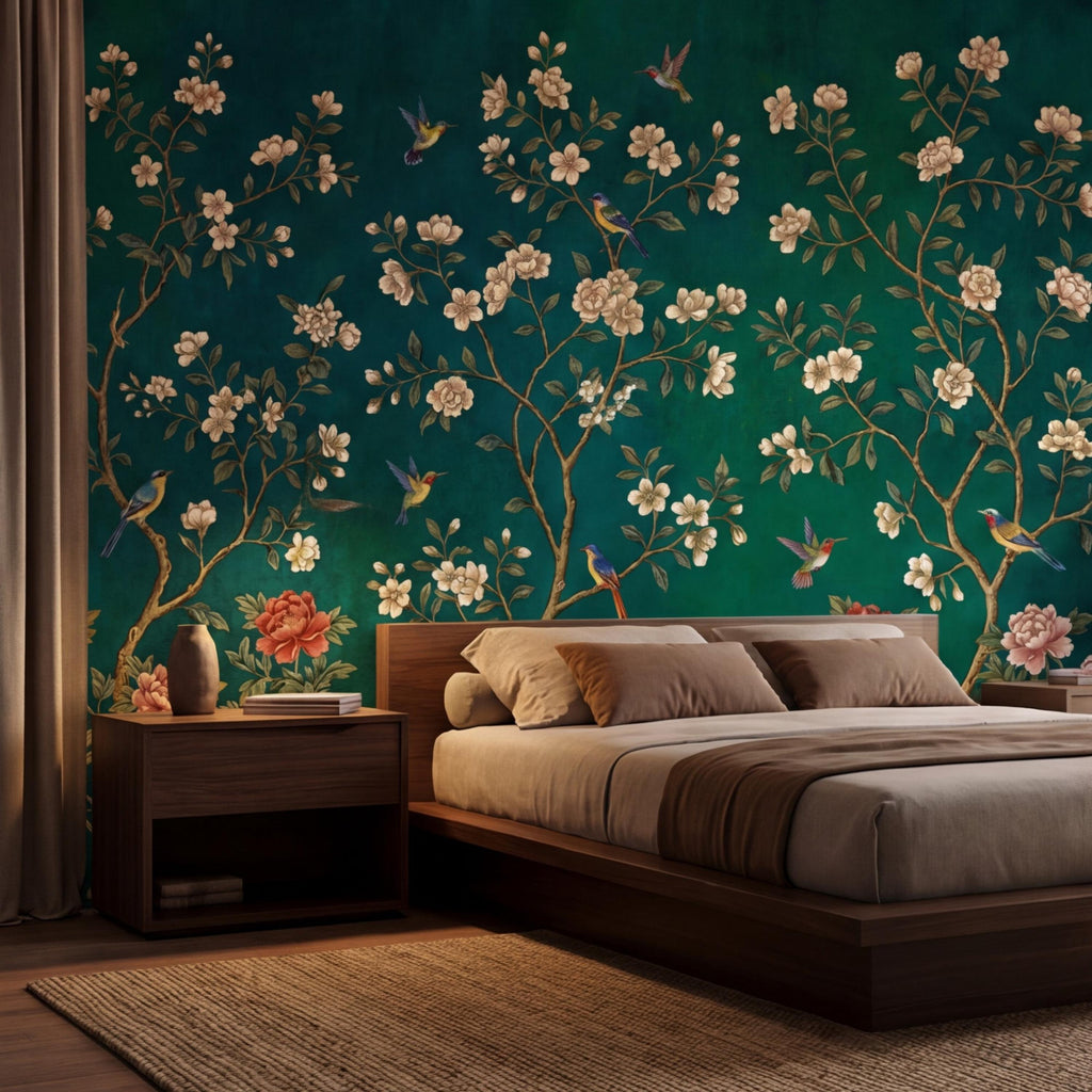 Emerald Chinoiserie Bird Blossom Peel and Stick Wall Mural, Asian Floral Wallpaper, Hummingbird Wall Art