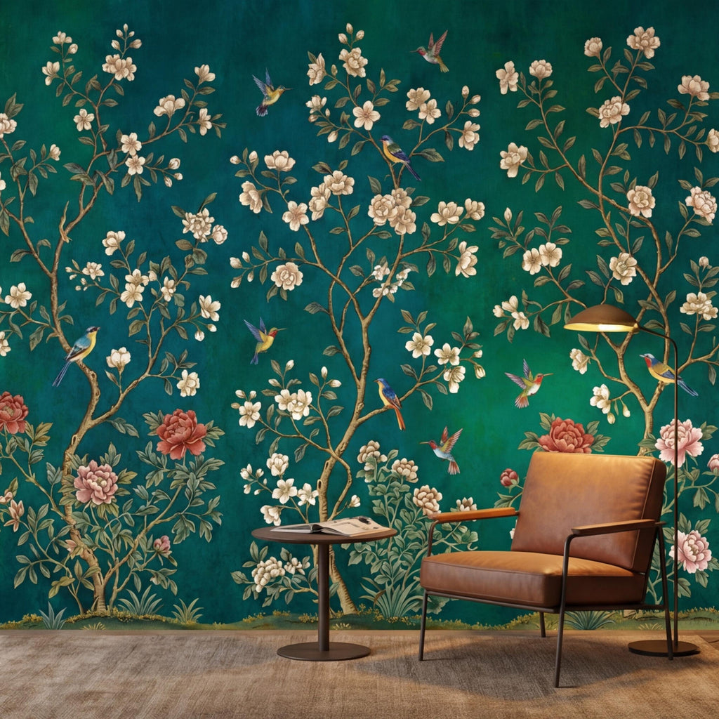 Emerald Chinoiserie Bird Blossom Peel and Stick Wall Mural, Asian Floral Wallpaper, Hummingbird Wall Art