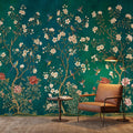 Emerald Chinoiserie Bird Blossom Peel and Stick Wall Mural, Asian Floral Wallpaper, Hummingbird Wall Art