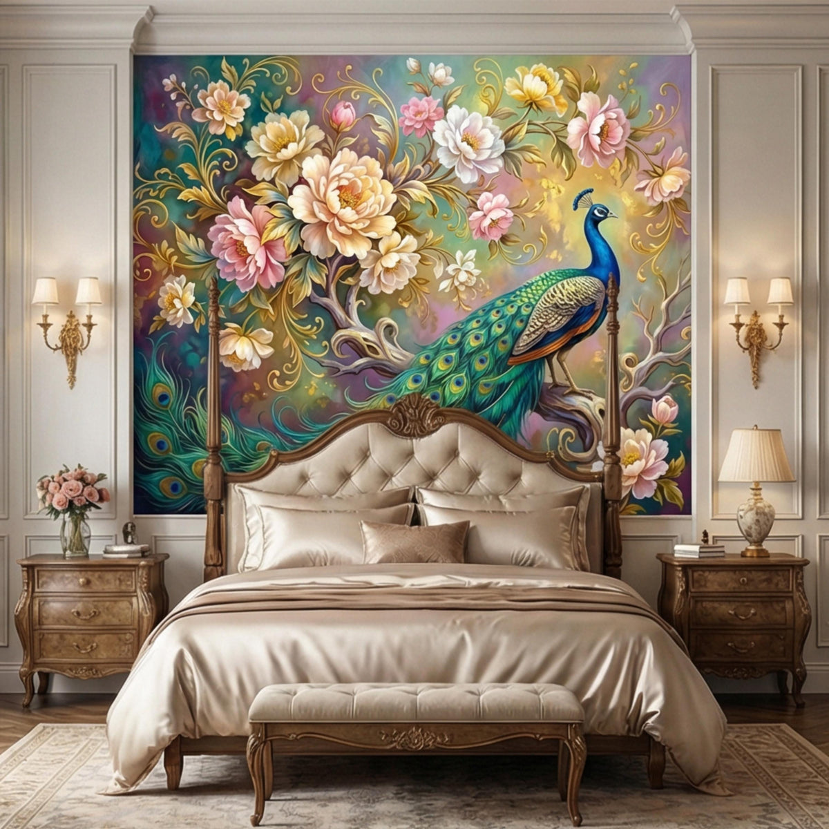 Peacock and floral art wall mural wallpaper behind a bed, with blue-green details