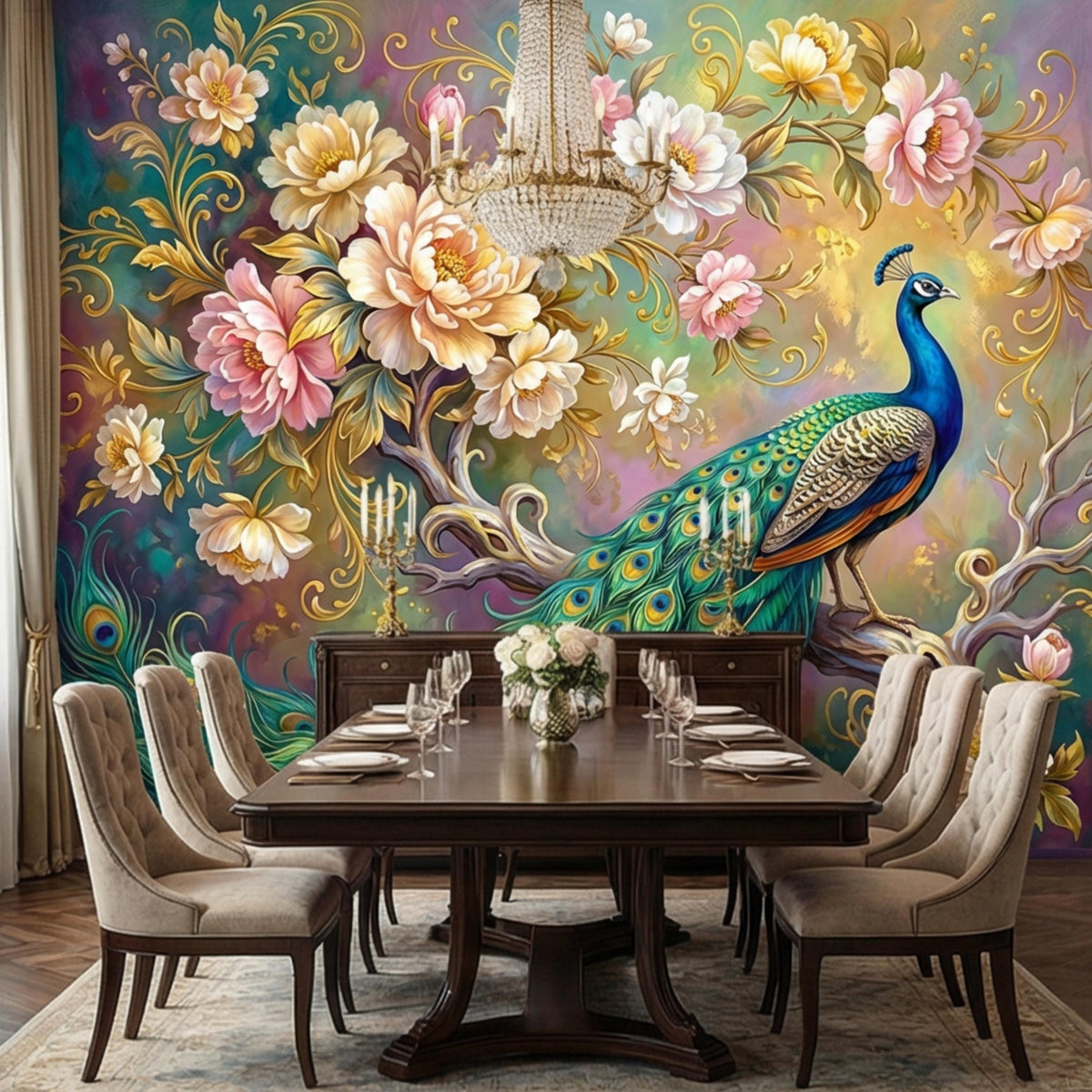 Peacock and peony floral wall mural wallpaper above a dining table