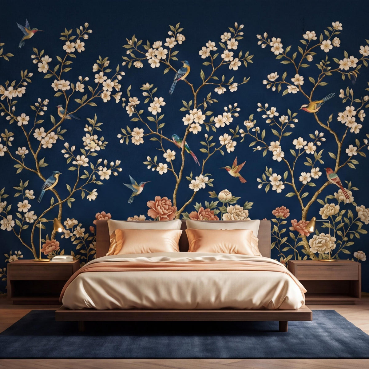 Navy chinoiserie wall mural with blossoming branches, peach flowers, and hummingbirds