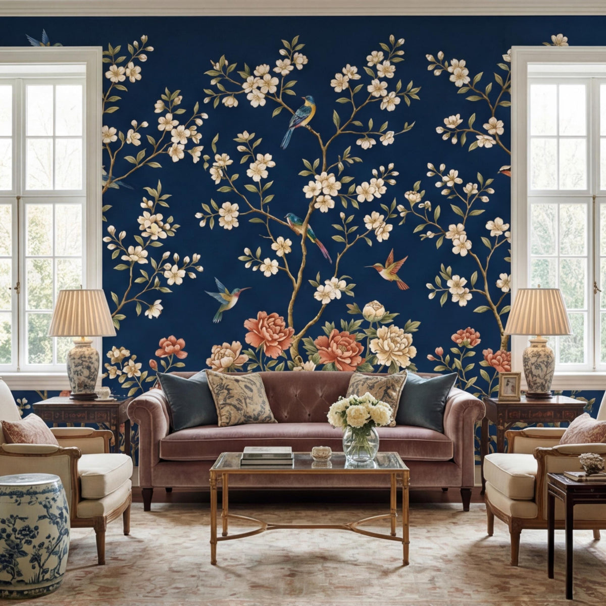 Navy chinoiserie wall mural with blooming branches, hummingbirds, and peach flower clusters