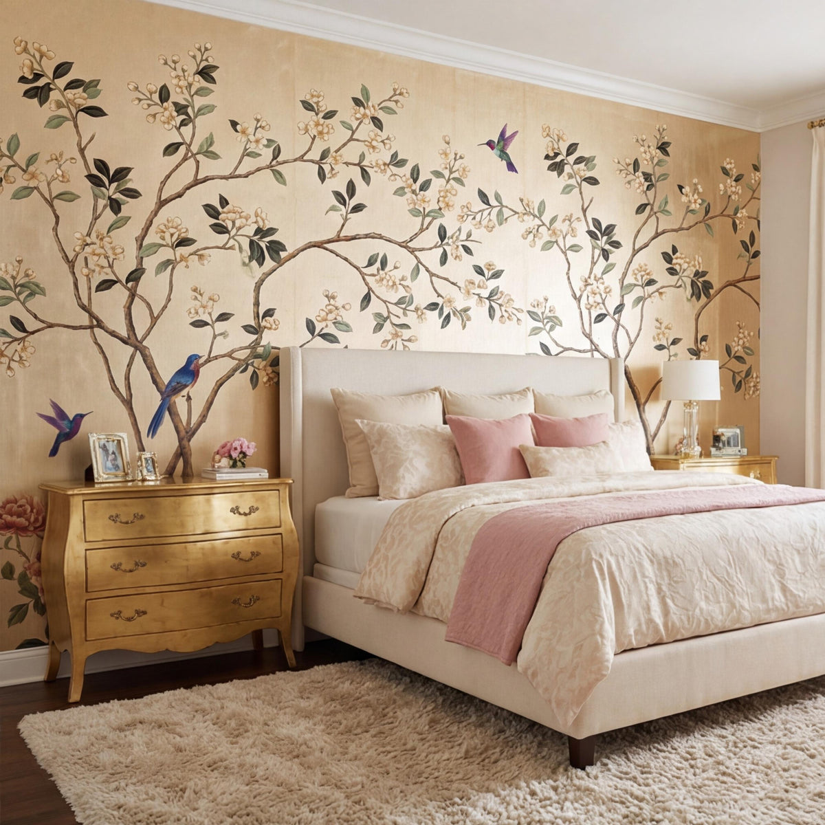 Gold Chinoiserie Hummingbird & Blossom Peel and Stick Wall Mural, Asian Floral Wallpaper, Luxury Vintage Wall Decor - The Fine Art Murals