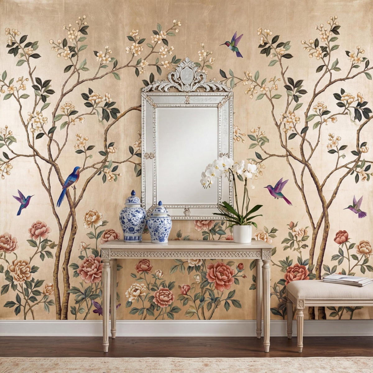 Gold Chinoiserie Hummingbird & Blossom Peel and Stick Wall Mural, Asian Floral Wallpaper, Luxury Vintage Wall Decor - The Fine Art Murals