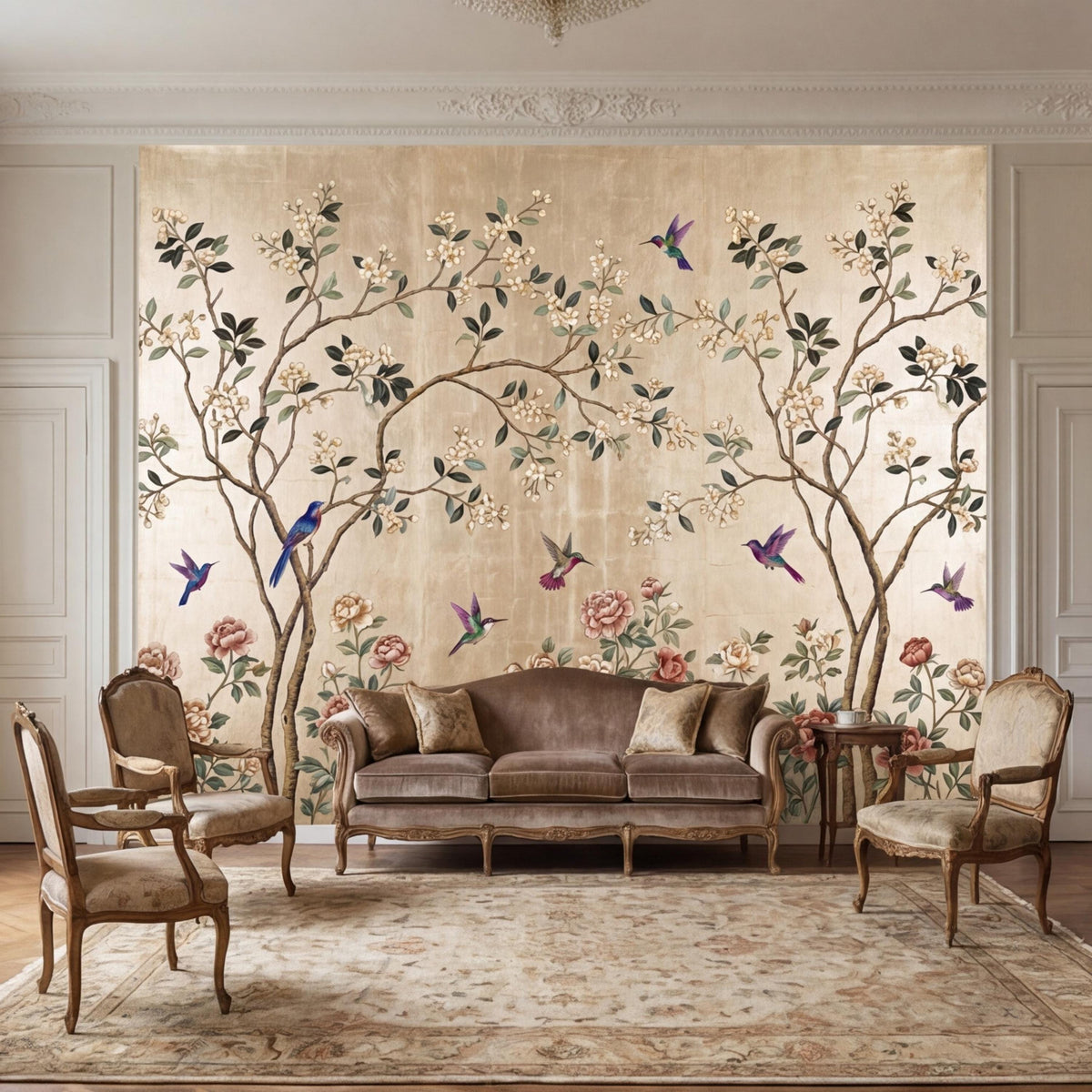 Gold Chinoiserie Hummingbird & Blossom Peel and Stick Wall Mural, Asian Floral Wallpaper, Luxury Vintage Wall Decor - The Fine Art Murals