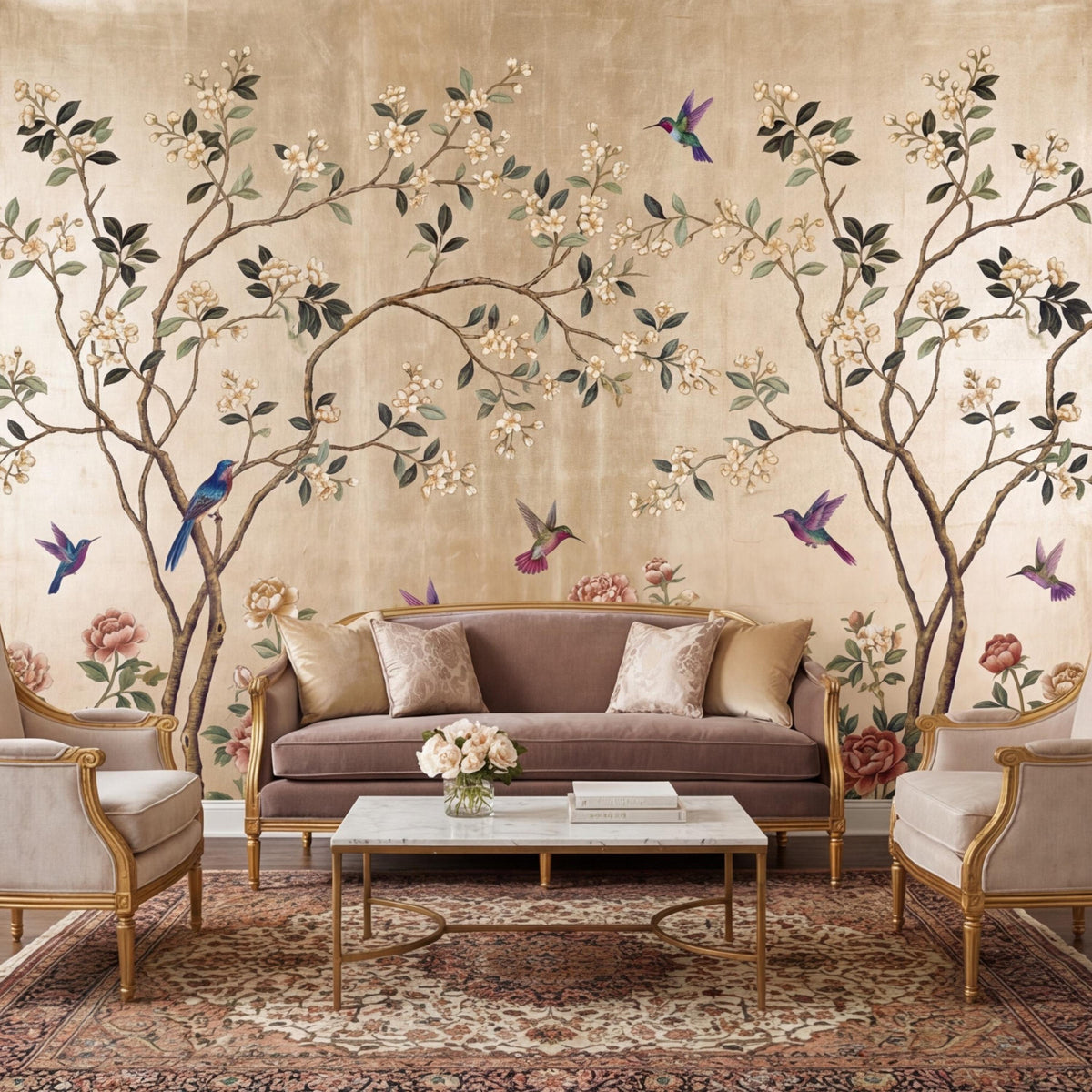 Gold Chinoiserie Hummingbird & Blossom Peel and Stick Wall Mural, Asian Floral Wallpaper, Luxury Vintage Wall Decor - The Fine Art Murals