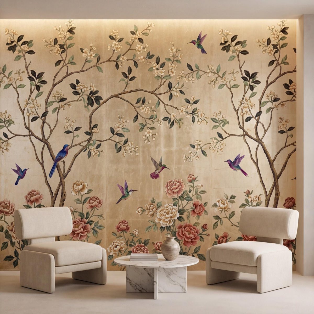 Gold Chinoiserie Hummingbird & Blossom Peel and Stick Wall Mural, Asian Floral Wallpaper, Luxury Vintage Wall Decor - The Fine Art Murals