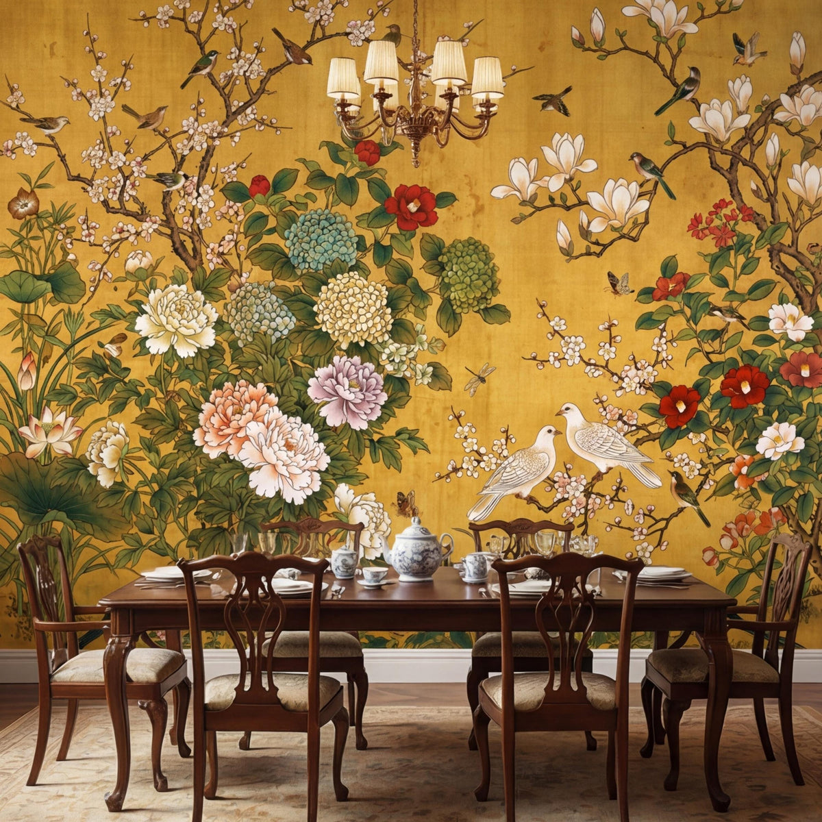 Yellow botanical wall mural featuring dense flowers, tree branches, and two white birds in flight.
