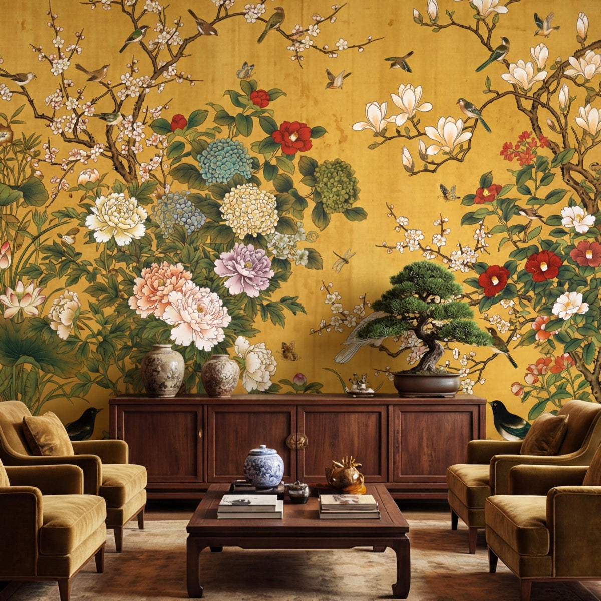 Yellow floral wall mural with layered chrysanthemums, green foliage, and perched white birds near blooms.