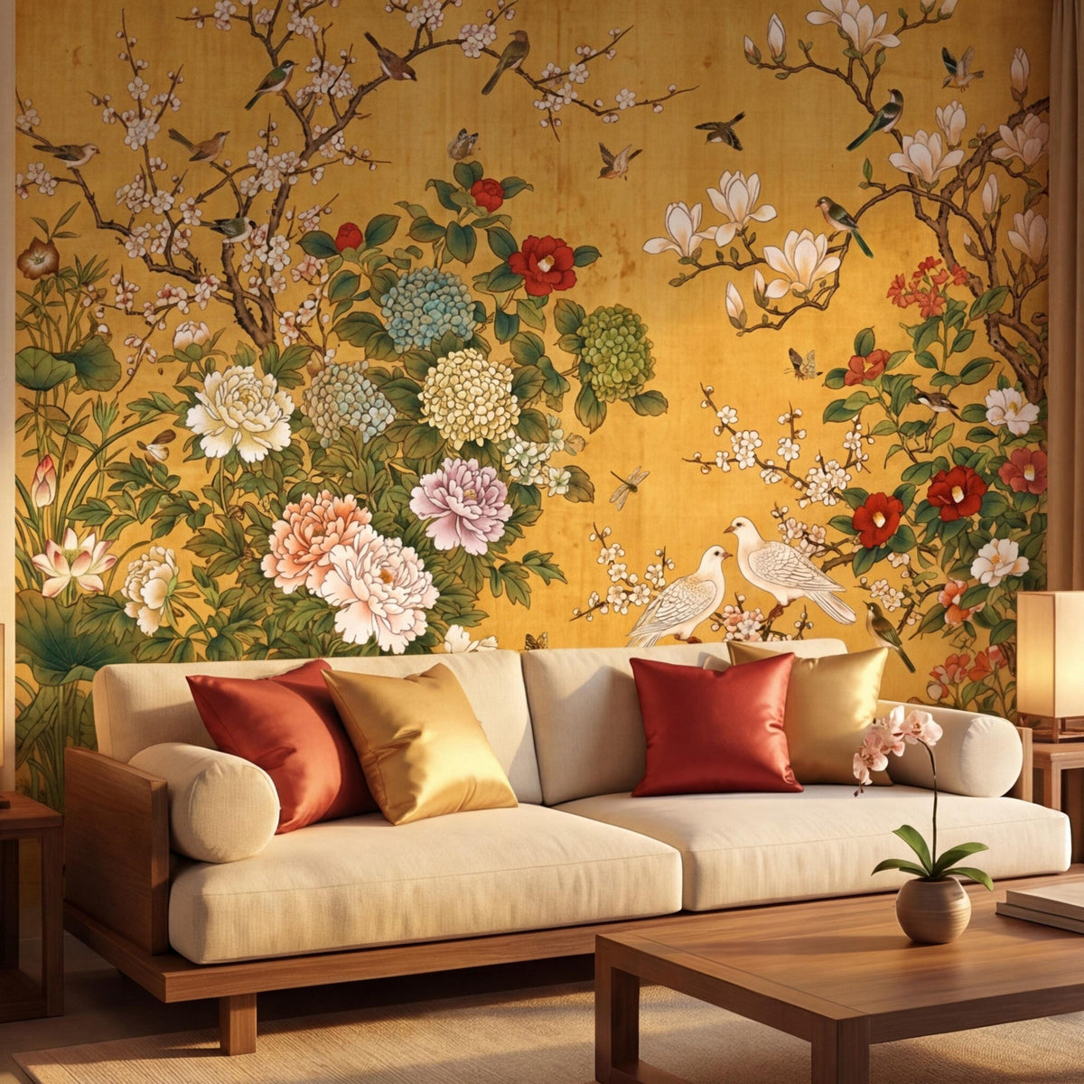 Yellow garden wall mural with peony and magnolia-style blossoms, red flowers, and two white birds.
