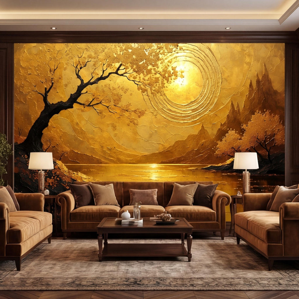 Gold Sunset Lake Tree Sun Peel and Stick Wall Mural, Textured Landscape Art Wallpaper, Golden Sun Wall Art