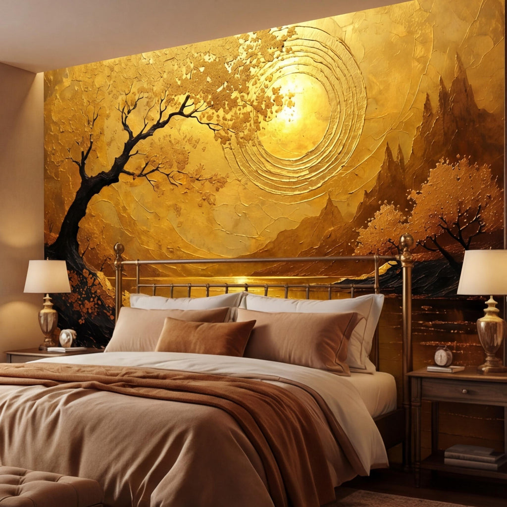 Gold Sunset Lake Tree Sun Peel and Stick Wall Mural, Textured Landscape Art Wallpaper, Golden Sun Wall Art