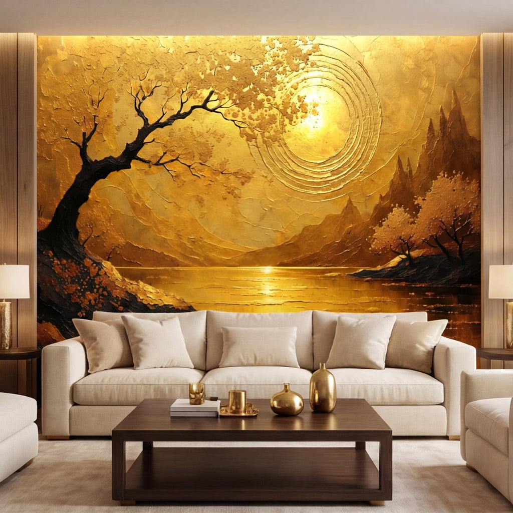 Gold Sunset Lake Tree Sun Peel and Stick Wall Mural, Textured Landscape Art Wallpaper, Golden Sun Wall Art
