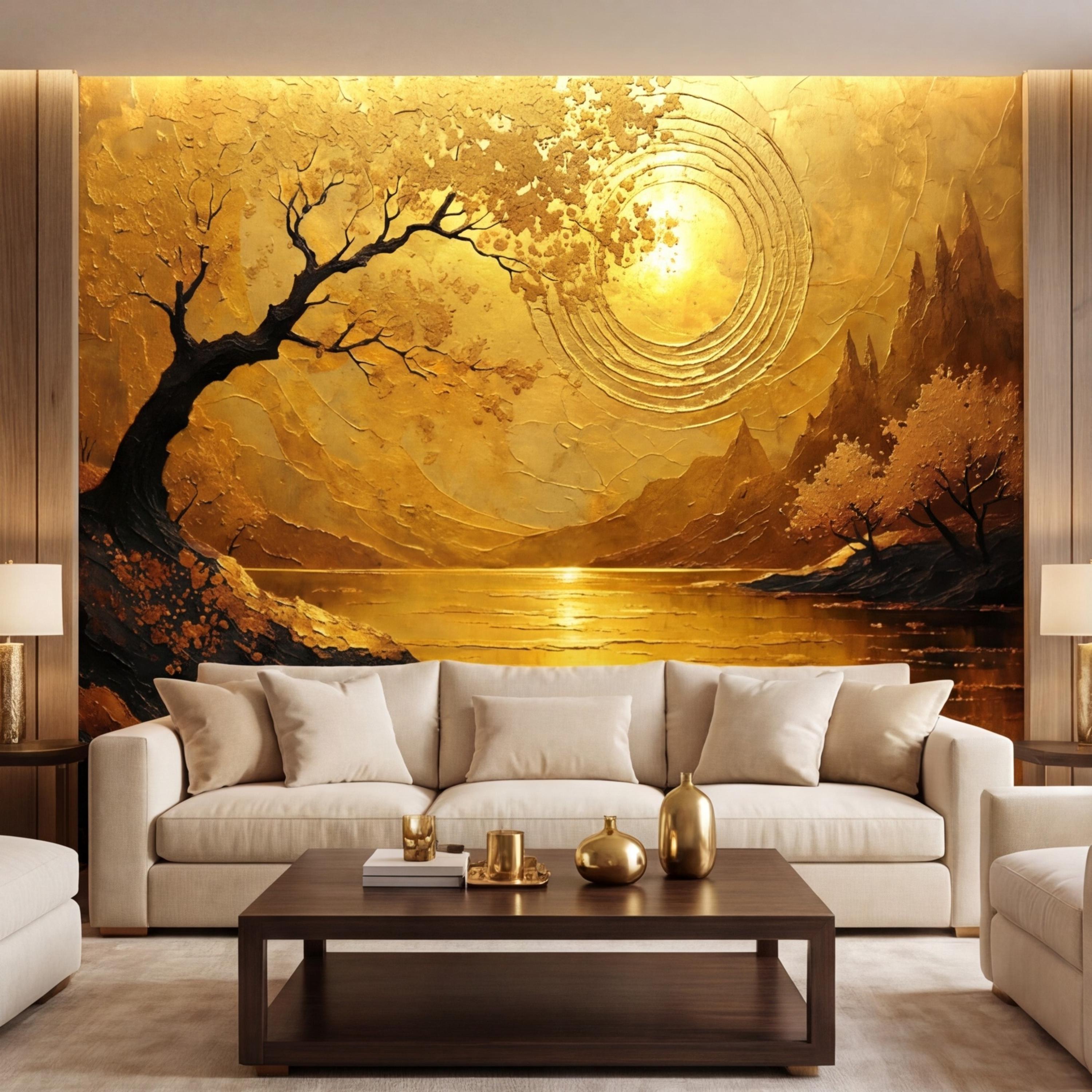 Gold Sunset Lake Tree Sun Peel and Stick Wall Mural, Textured Landscape Art Wallpaper, Golden Sun Wall Art
