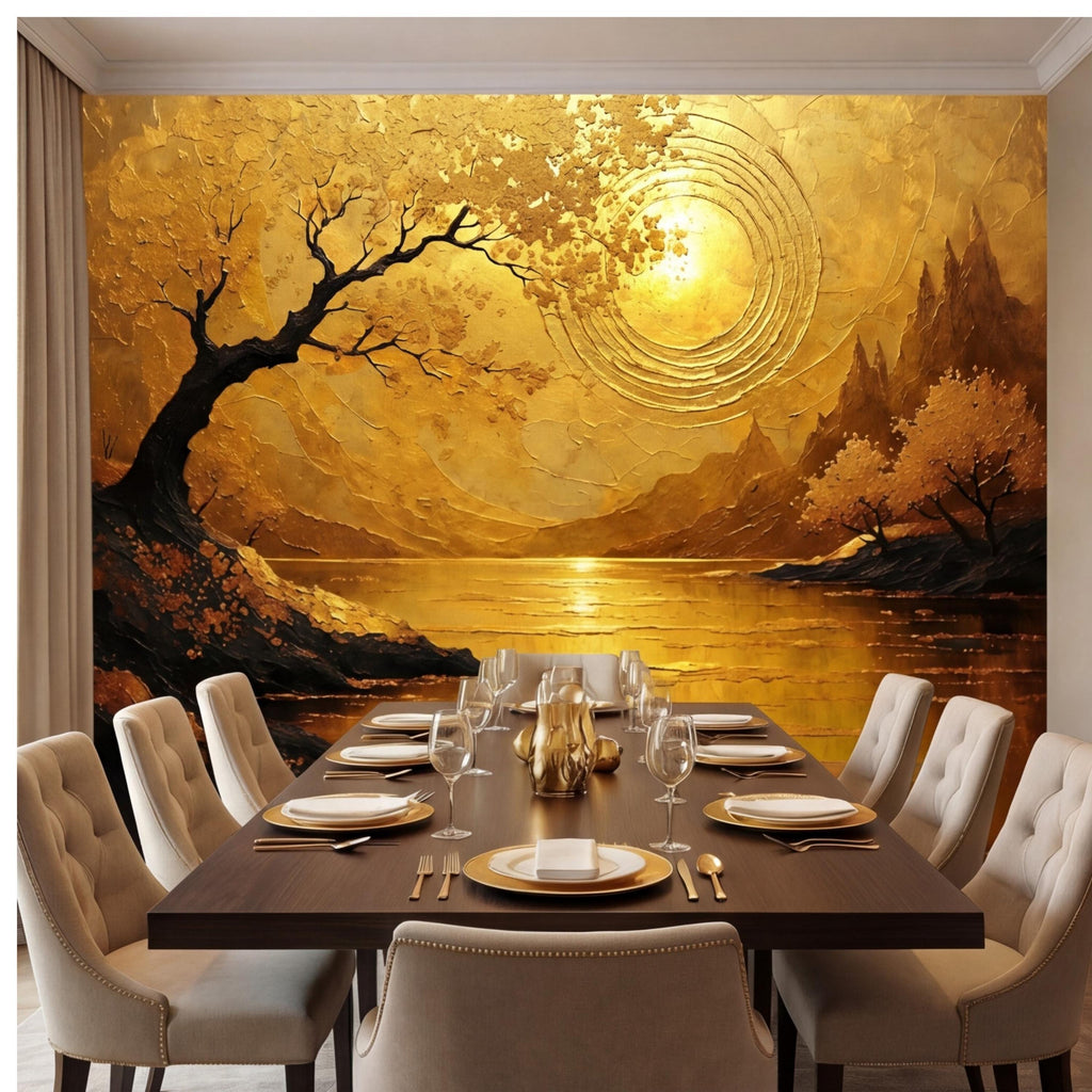 Gold Sunset Lake Tree Sun Peel and Stick Wall Mural, Textured Landscape Art Wallpaper, Golden Sun Wall Art