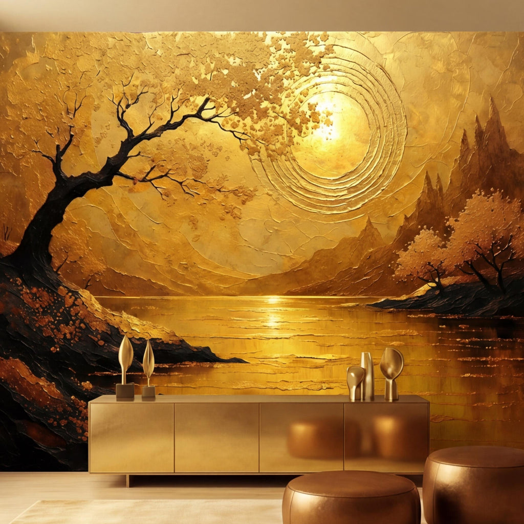 Gold Sunset Lake Tree Sun Peel and Stick Wall Mural, Textured Landscape Art Wallpaper, Golden Sun Wall Art