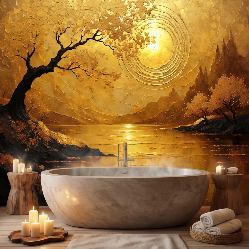 Gold Sunset Lake Tree Sun Peel and Stick Wall Mural, Textured Landscape Art Wallpaper, Golden Sun Wall Art