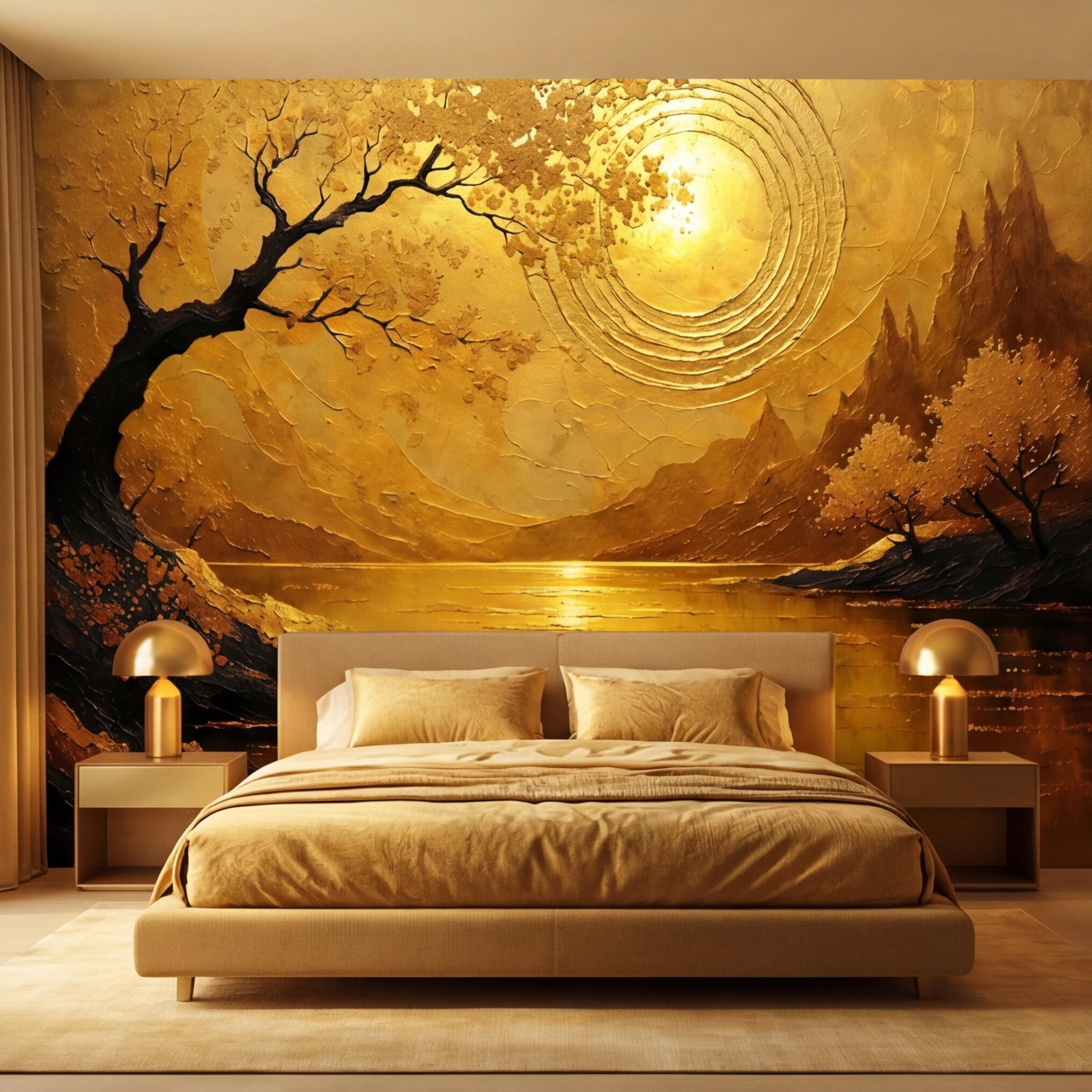 Gold Sunset Lake Tree Sun Peel and Stick Wall Mural, Textured Landscape Art Wallpaper, Golden Sun Wall Art
