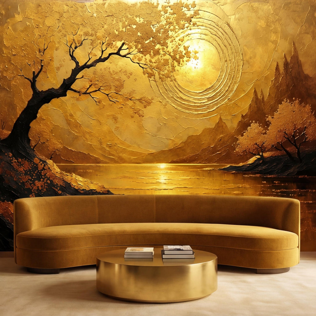 Gold Sunset Lake Tree Sun Peel and Stick Wall Mural, Textured Landscape Art Wallpaper, Golden Sun Wall Art
