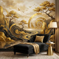 Black & Gold Art Deco Abstract Landscape Peel and Stick Wall Mural, Geometric Mountains River Modern Glam Statement Wallpaper