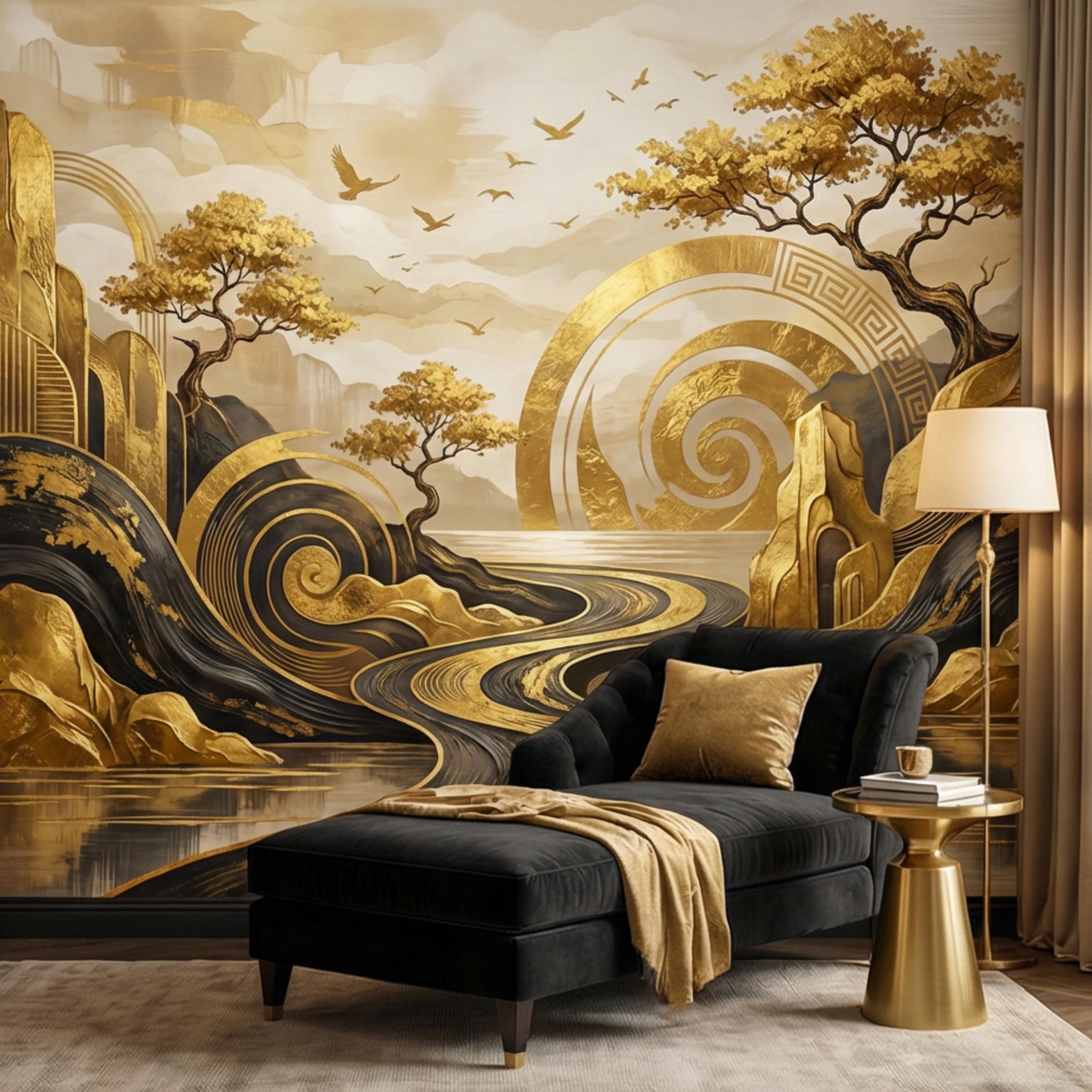 Black & Gold Art Deco Abstract Landscape Peel and Stick Wall Mural, Geometric Mountains River Modern Glam Statement Wallpaper