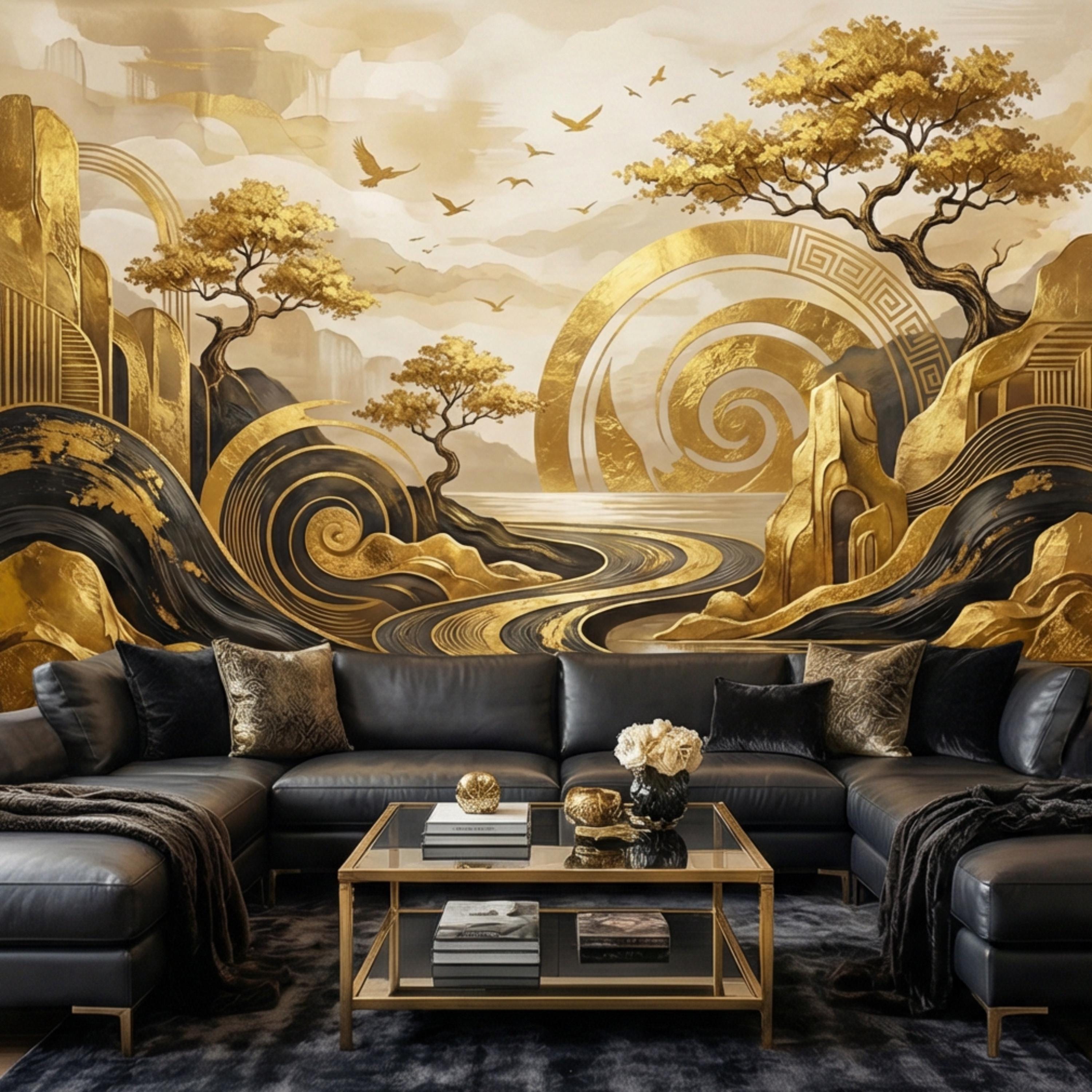 Black & Gold Art Deco Abstract Landscape Peel and Stick Wall Mural, Geometric Mountains River Modern Glam Statement Wallpaper