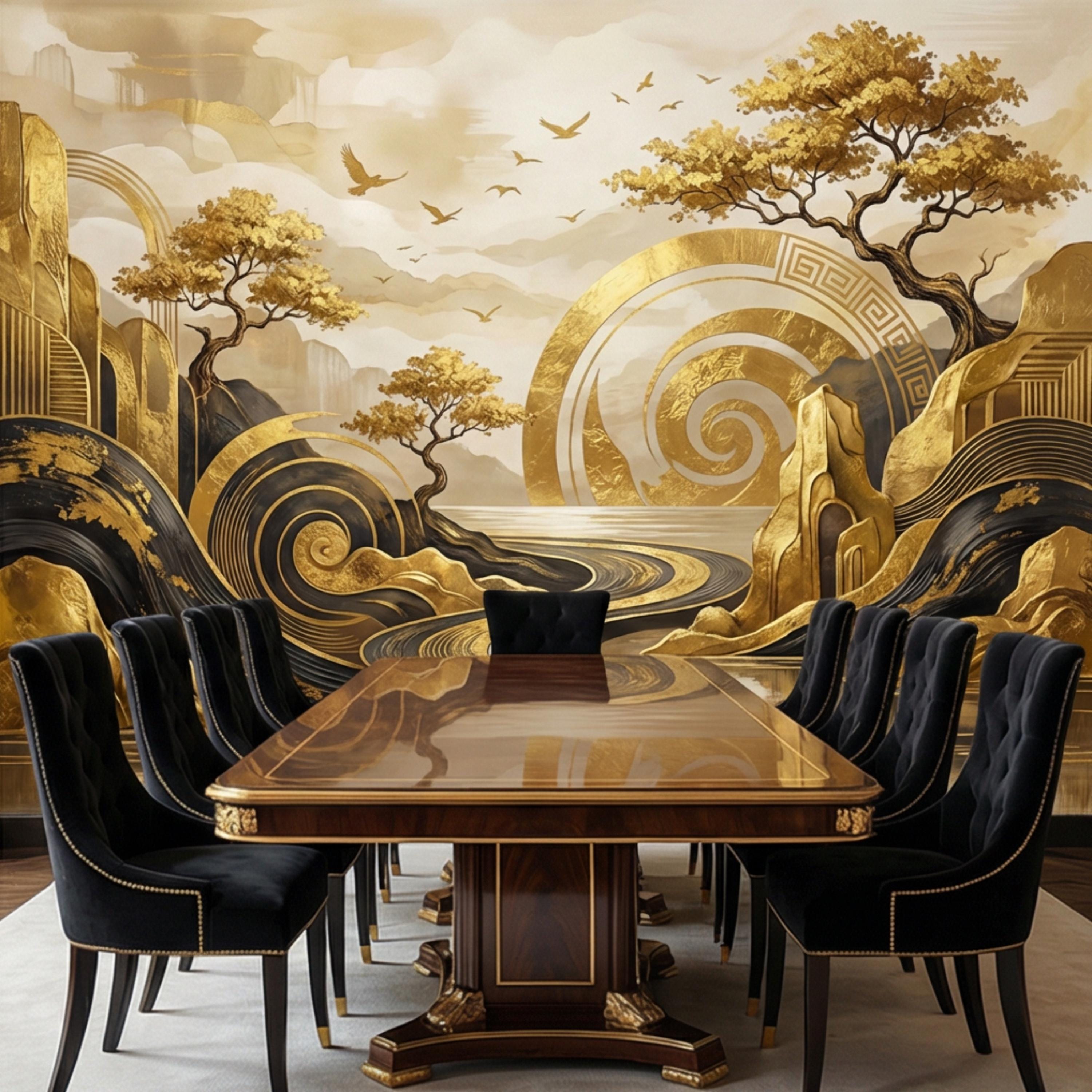Black & Gold Art Deco Abstract Landscape Peel and Stick Wall Mural, Geometric Mountains River Modern Glam Statement Wallpaper