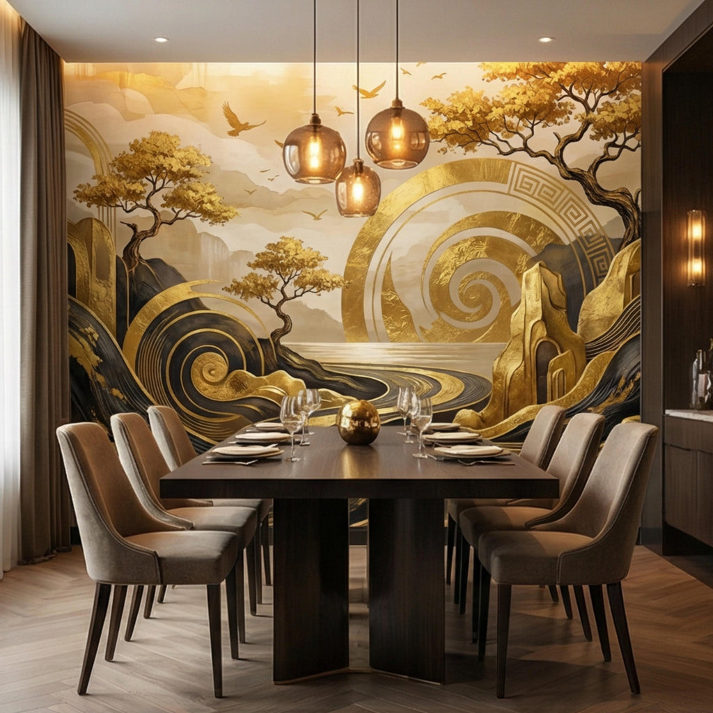 Black & Gold Art Deco Abstract Landscape Peel and Stick Wall Mural, Geometric Mountains River Modern Glam Statement Wallpaper