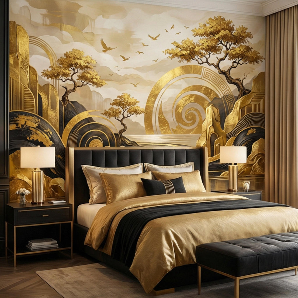 Black & Gold Art Deco Abstract Landscape Peel and Stick Wall Mural, Geometric Mountains River Modern Glam Statement Wallpaper