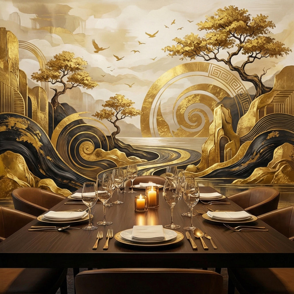 Black & Gold Art Deco Abstract Landscape Peel and Stick Wall Mural, Geometric Mountains River Modern Glam Statement Wallpaper