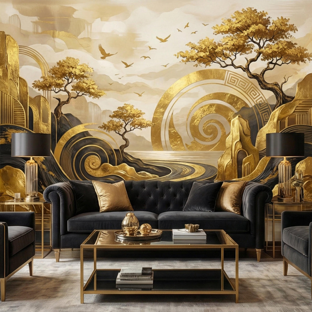 Black & Gold Art Deco Abstract Landscape Peel and Stick Wall Mural, Geometric Mountains River Modern Glam Statement Wallpaper