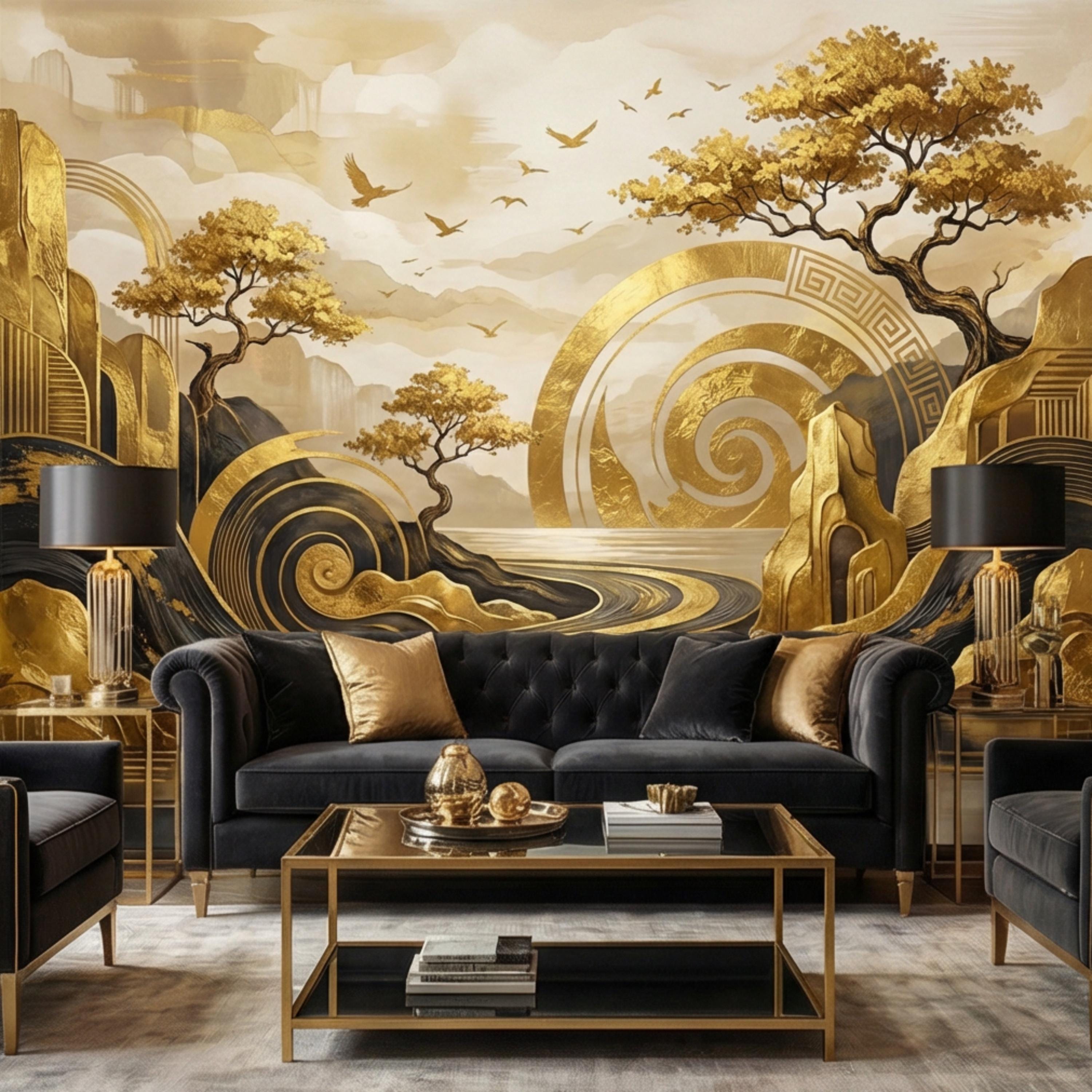 Black & Gold Art Deco Abstract Landscape Peel and Stick Wall Mural, Geometric Mountains River Modern Glam Statement Wallpaper