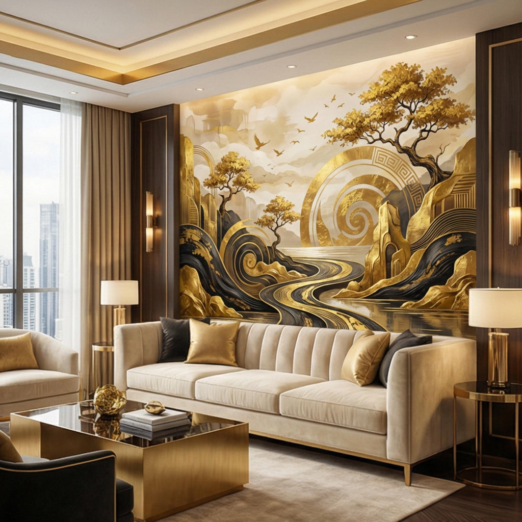 Black & Gold Art Deco Abstract Landscape Peel and Stick Wall Mural, Geometric Mountains River Modern Glam Statement Wallpaper