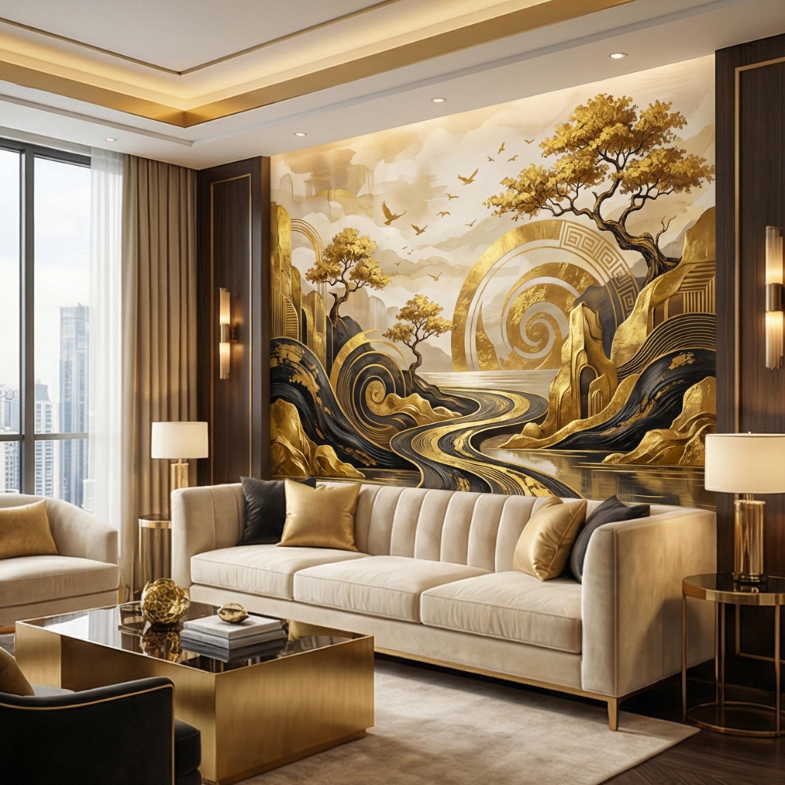 Black & Gold Art Deco Abstract Landscape Peel and Stick Wall Mural, Geometric Mountains River Modern Glam Statement Wallpaper