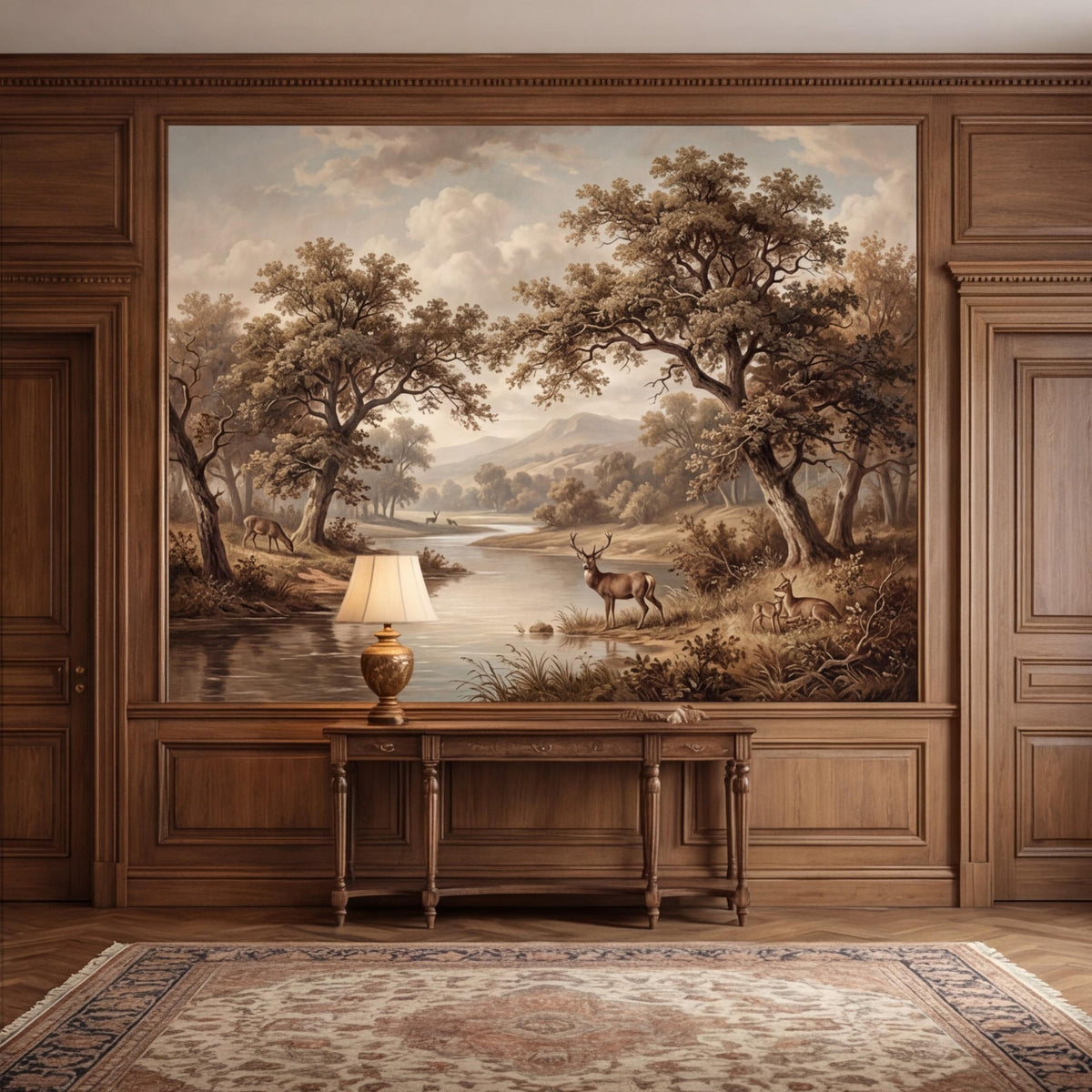 Framed landscape wall mural showing river, deer, and dense trees in warm neutrals