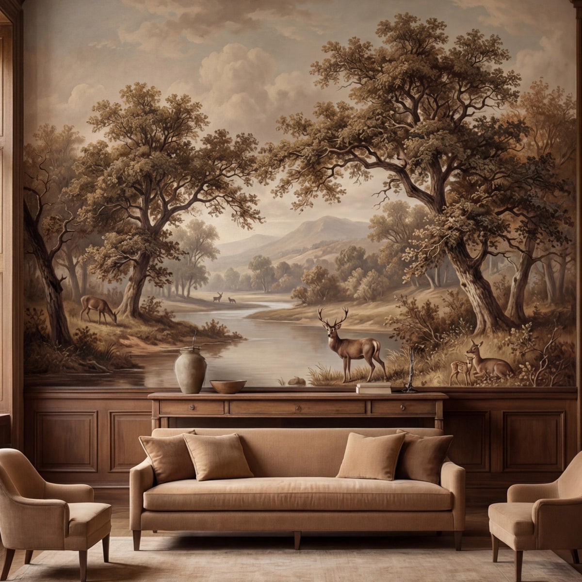 Forest river wall mural with standing deer among winding trees and shrubs