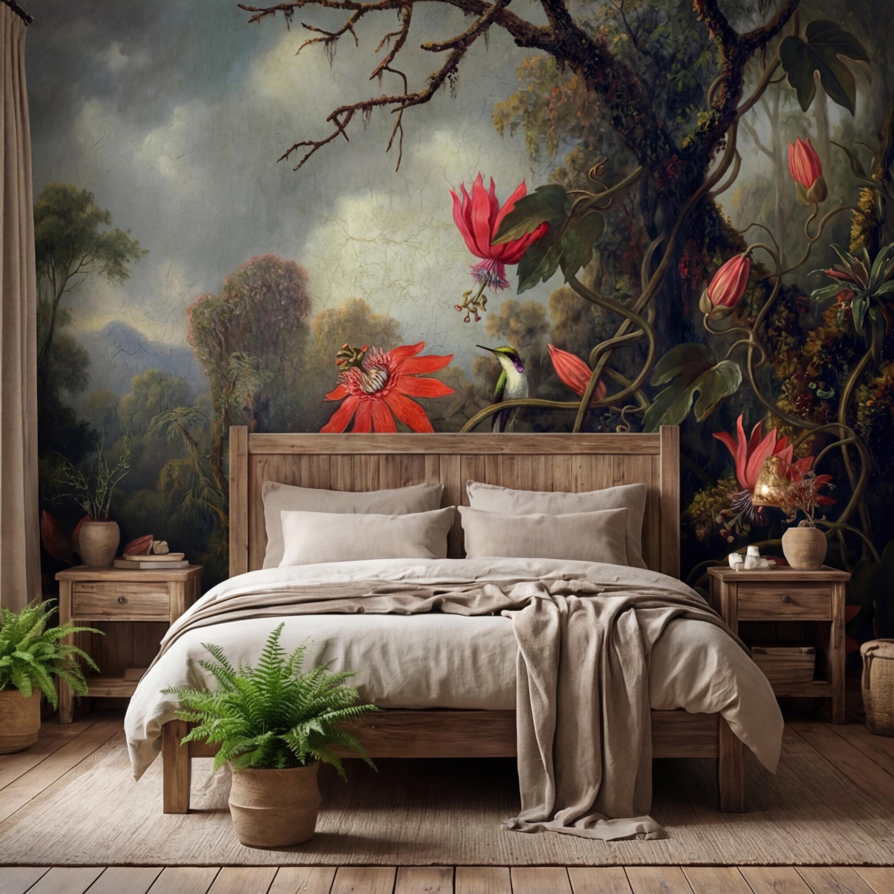 Vintage Tropical Jungle Hummingbird Peel and Stick Wall Mural, Old Master Syle Red Flowers Botanical Art Wallpaper
