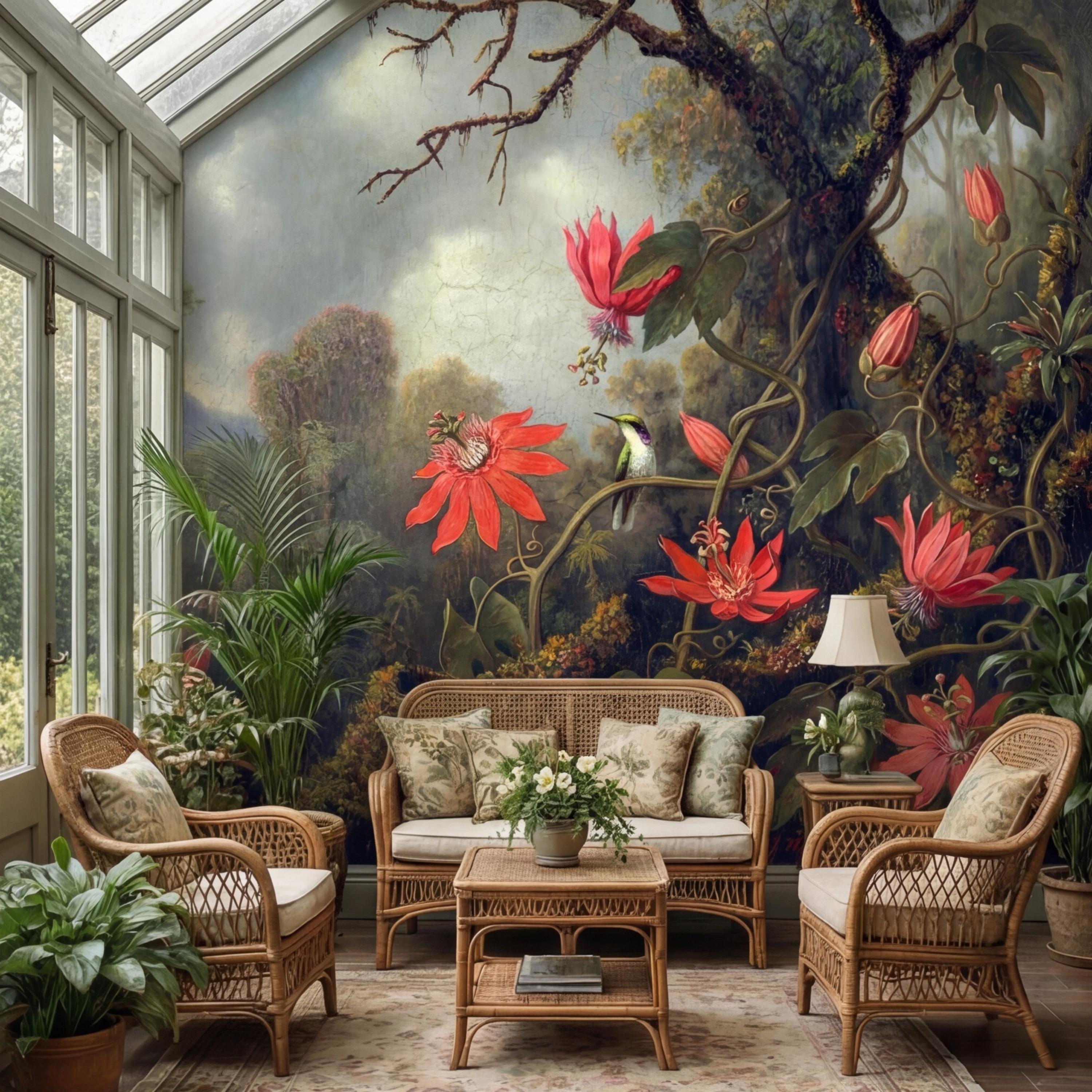 Vintage Tropical Jungle Hummingbird Peel and Stick Wall Mural, Old Master Syle Red Flowers Botanical Art Wallpaper