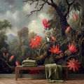 Vintage Tropical Jungle Hummingbird Peel and Stick Wall Mural, Old Master Syle Red Flowers Botanical Art Wallpaper