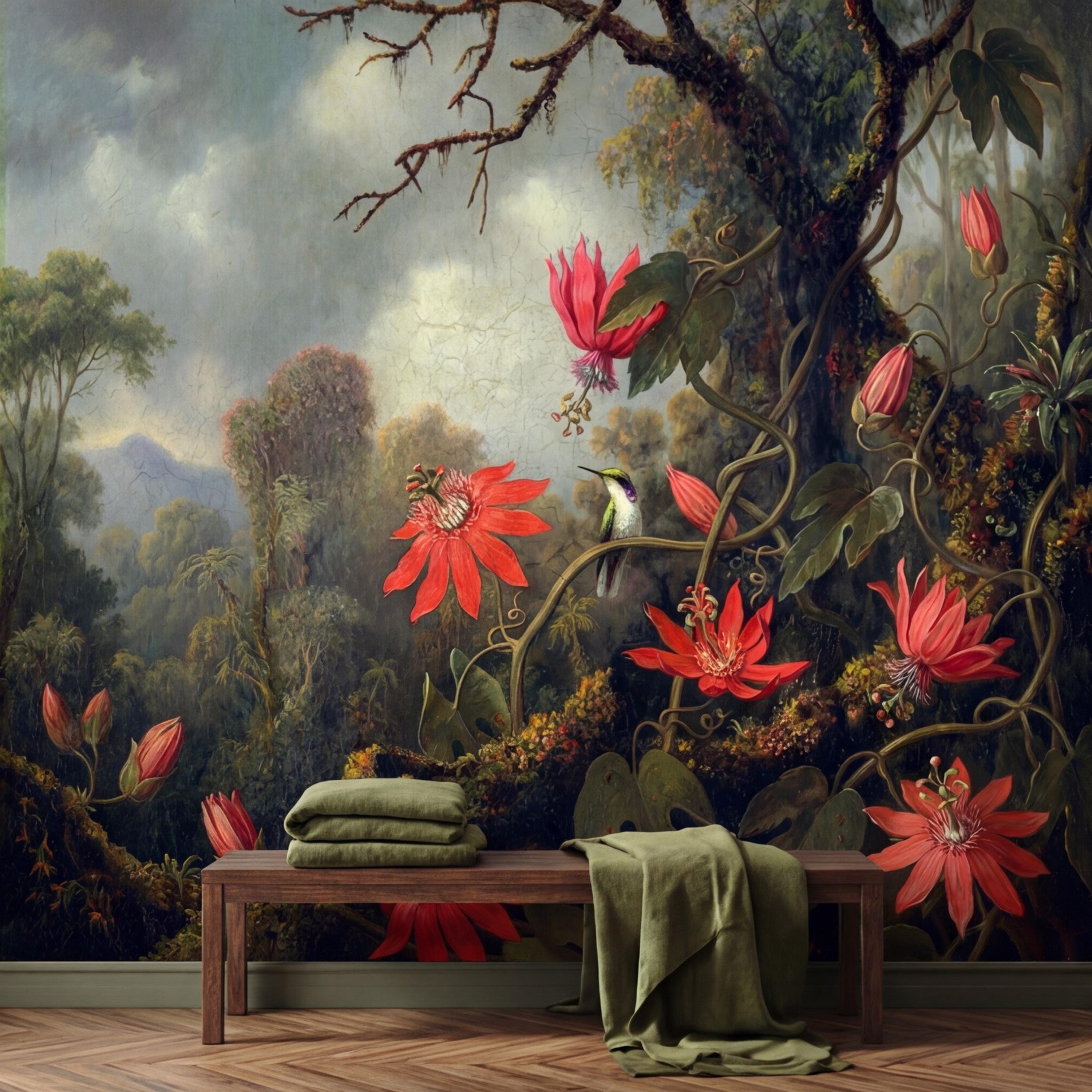 Vintage Tropical Jungle Hummingbird Peel and Stick Wall Mural, Old Master Syle Red Flowers Botanical Art Wallpaper