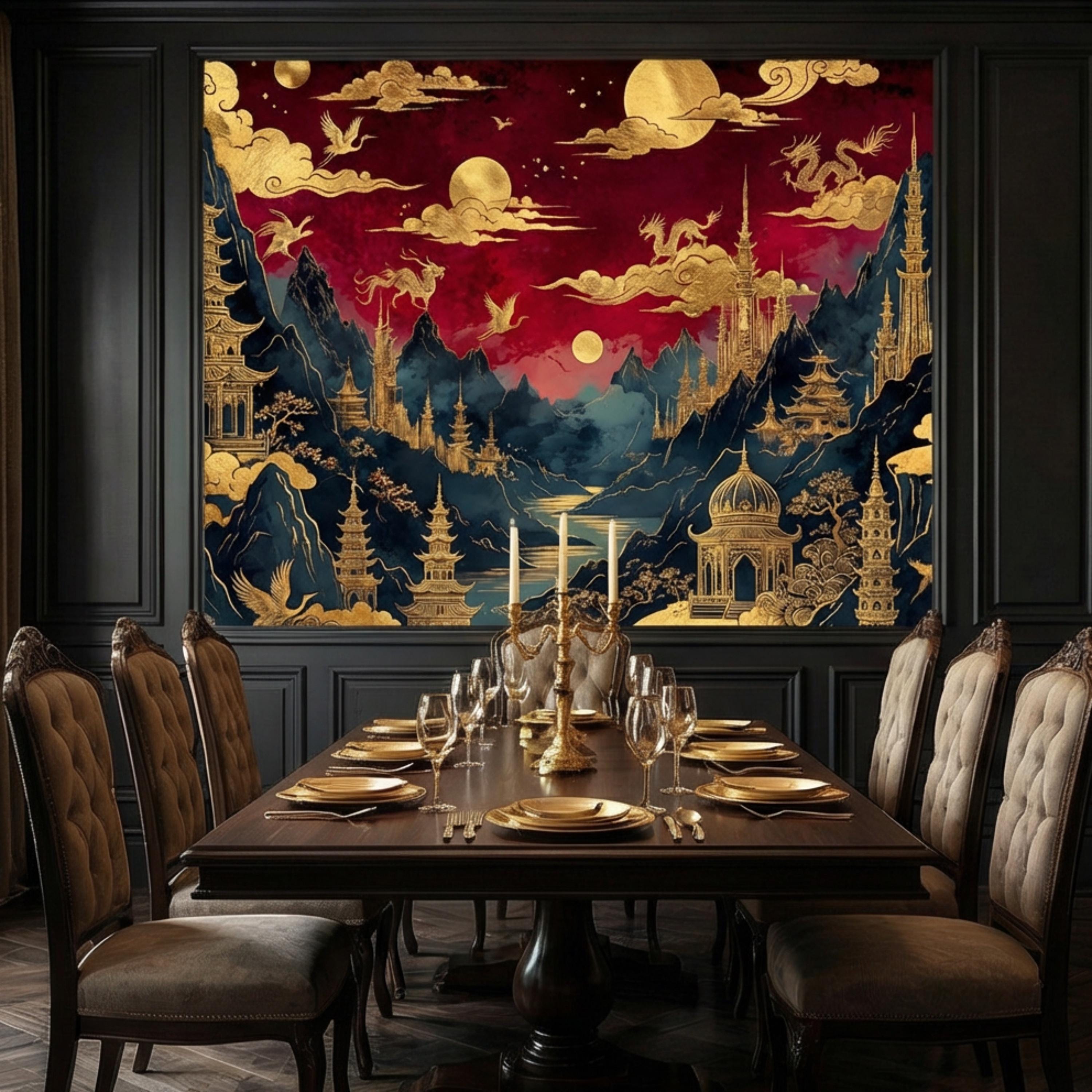 Red & Gold Chinoiserie Mountain Pagoda Landscape Peel and Stick Wall Mural, Dragons Moons Clouds Luxury Asian Wallpaper
