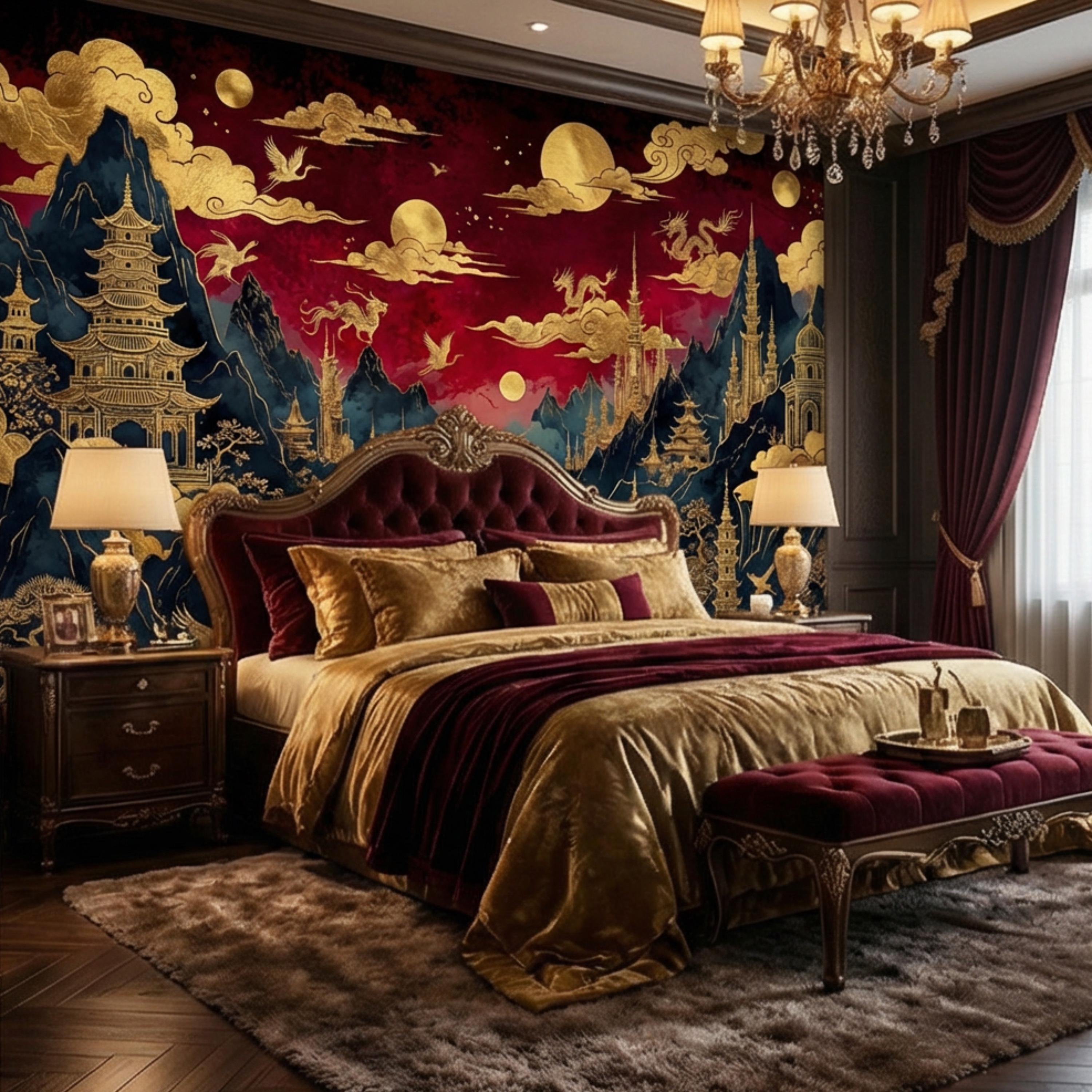 Red & Gold Chinoiserie Mountain Pagoda Landscape Peel and Stick Wall Mural, Dragons Moons Clouds Luxury Asian Wallpaper