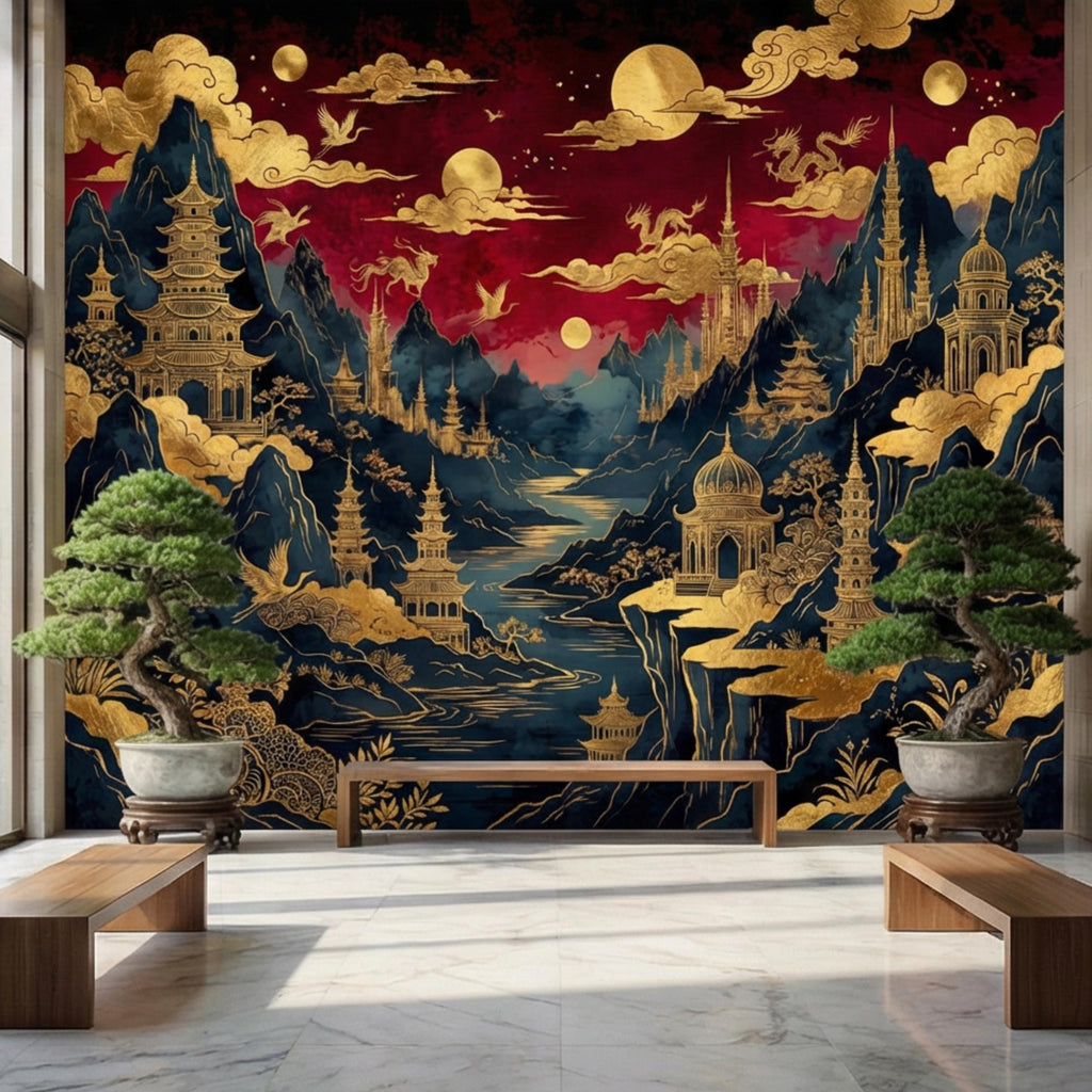 Red & Gold Chinoiserie Mountain Pagoda Landscape Peel and Stick Wall Mural, Dragons Moons Clouds Luxury Asian Wallpaper