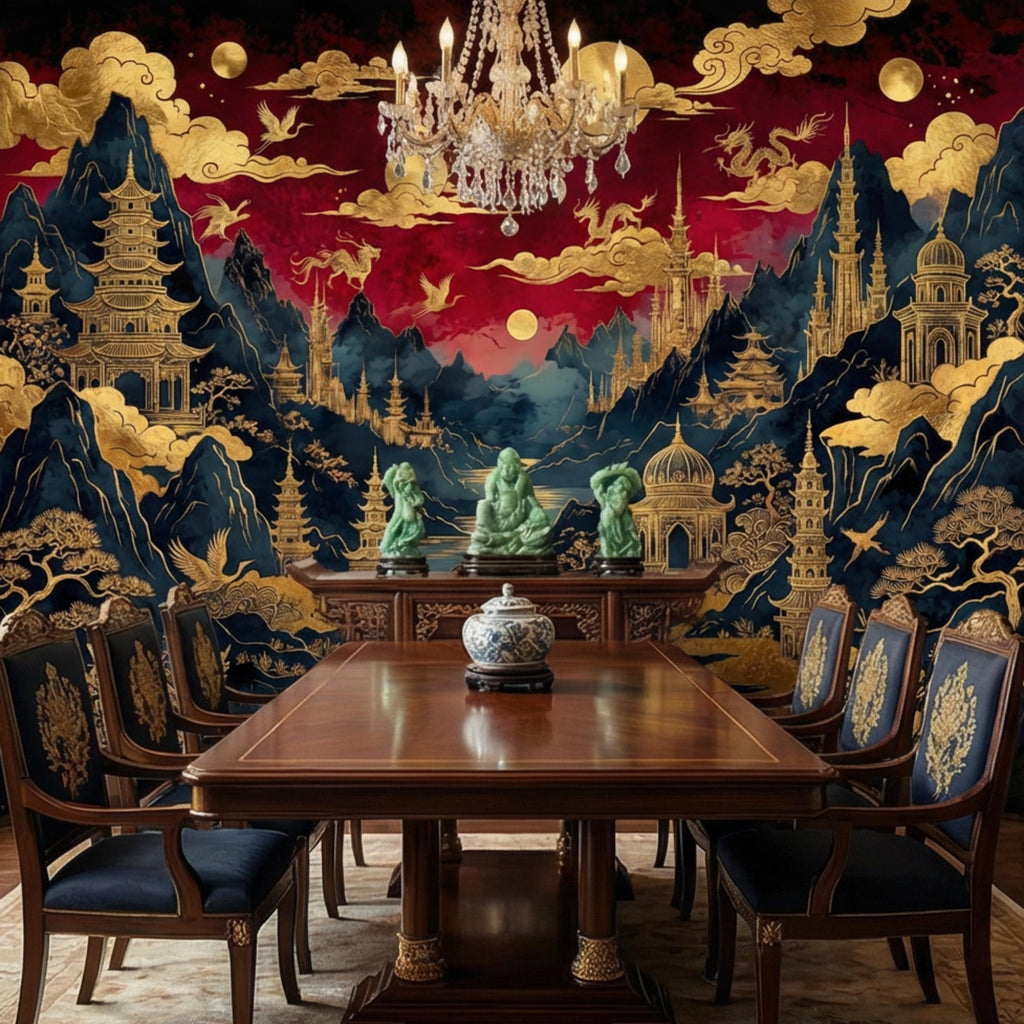 Red & Gold Chinoiserie Mountain Pagoda Landscape Peel and Stick Wall Mural, Dragons Moons Clouds Luxury Asian Wallpaper