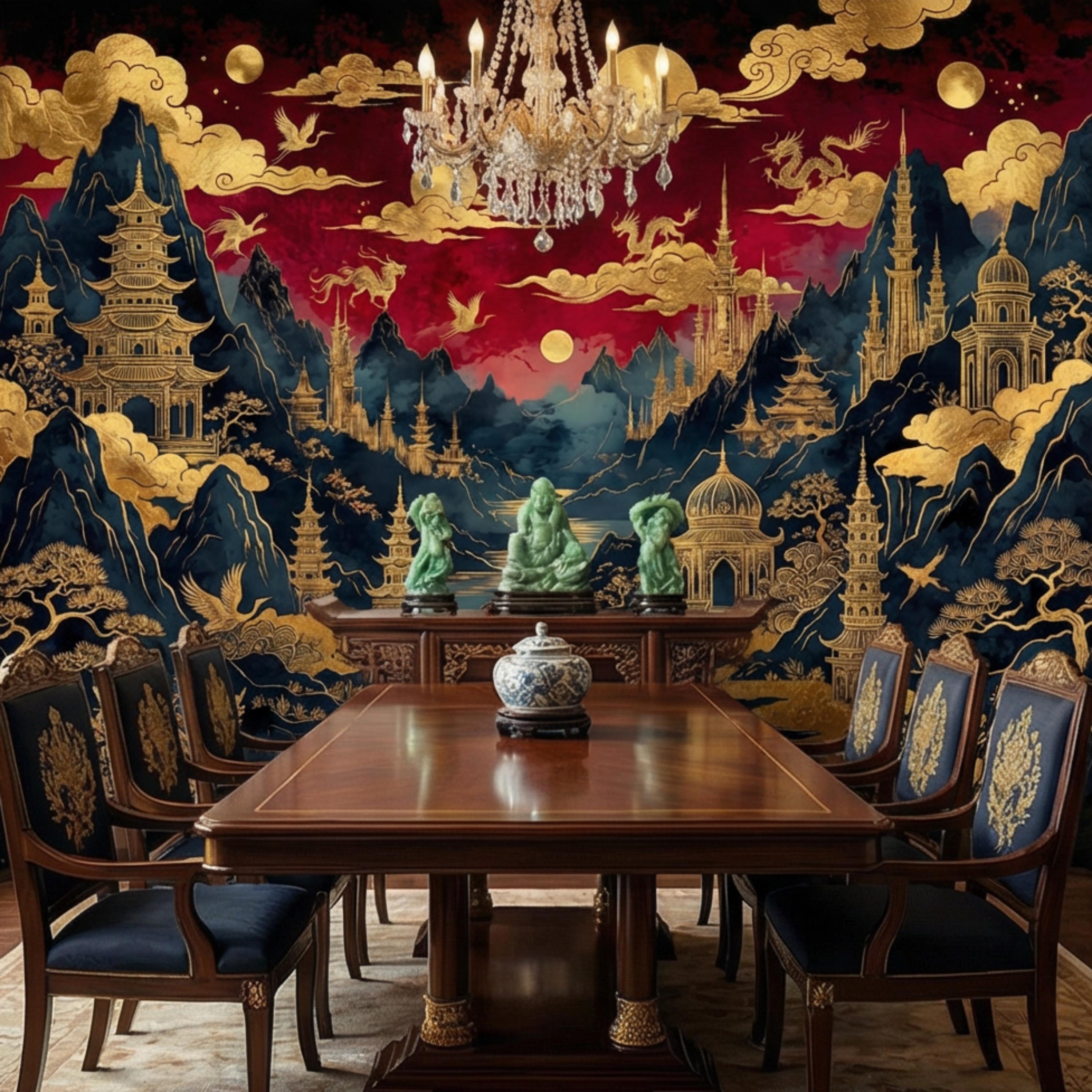 Red & Gold Chinoiserie Mountain Pagoda Landscape Peel and Stick Wall Mural, Dragons Moons Clouds Luxury Asian Wallpaper