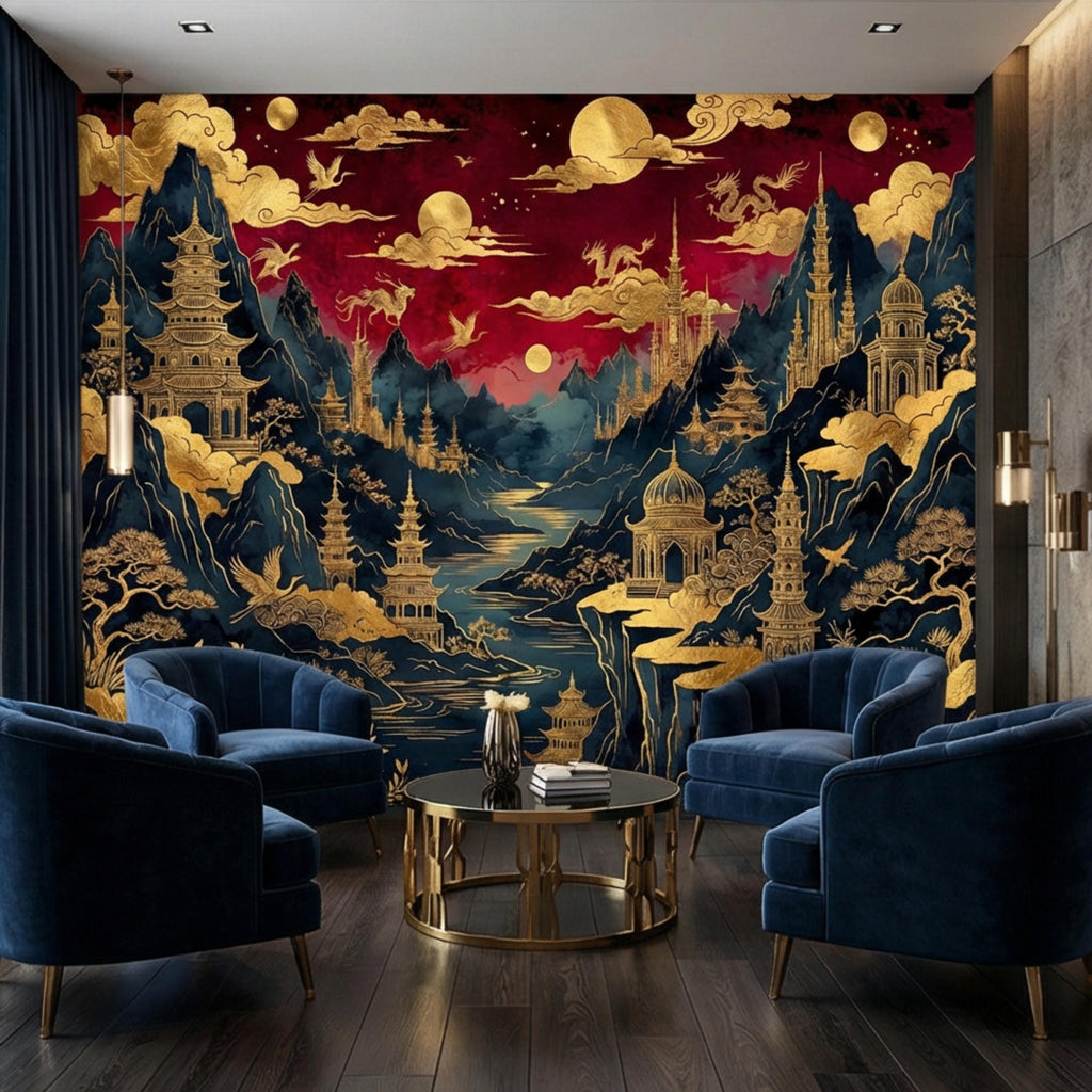 Red & Gold Chinoiserie Mountain Pagoda Landscape Peel and Stick Wall Mural, Dragons Moons Clouds Luxury Asian Wallpaper