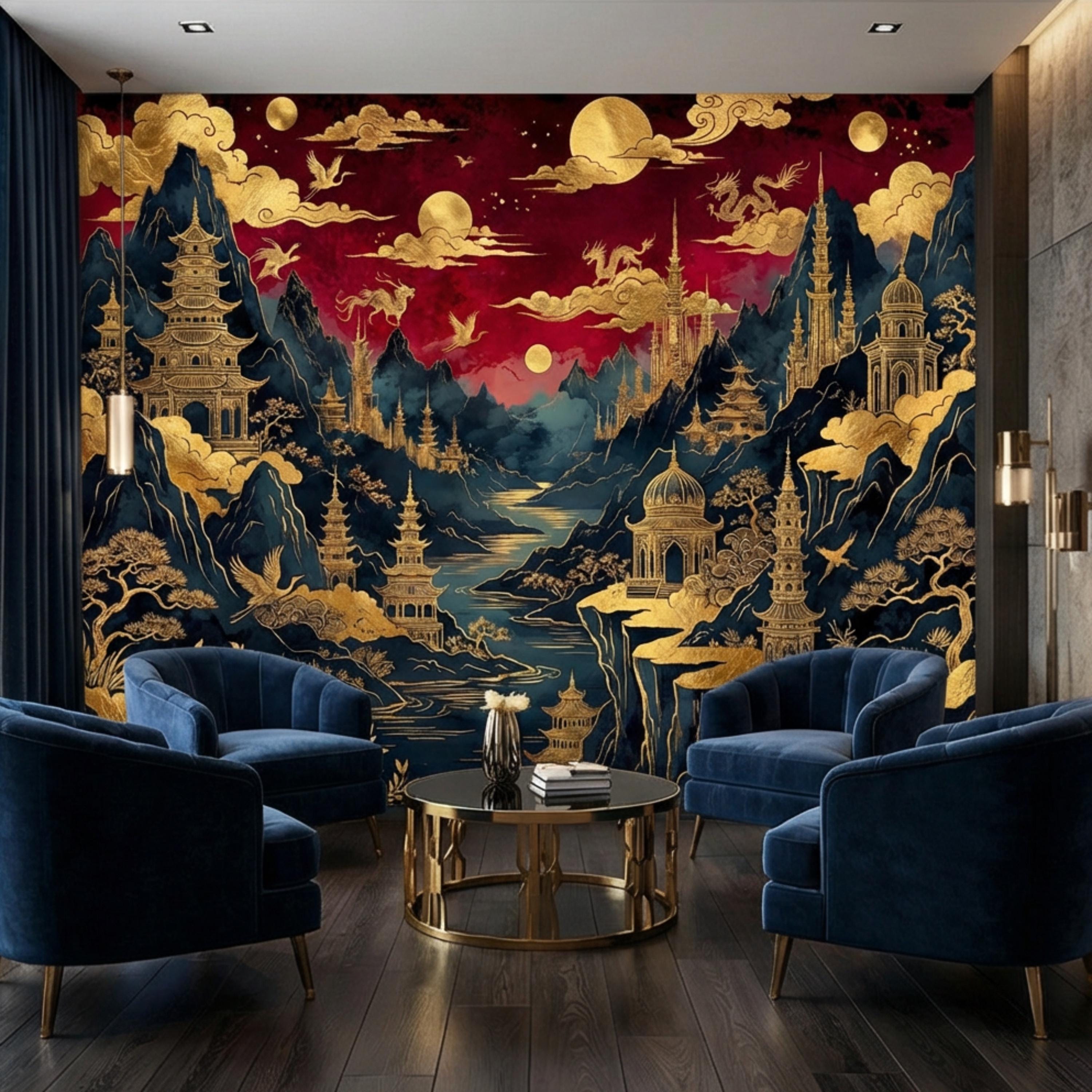 Red & Gold Chinoiserie Mountain Pagoda Landscape Peel and Stick Wall Mural, Dragons Moons Clouds Luxury Asian Wallpaper
